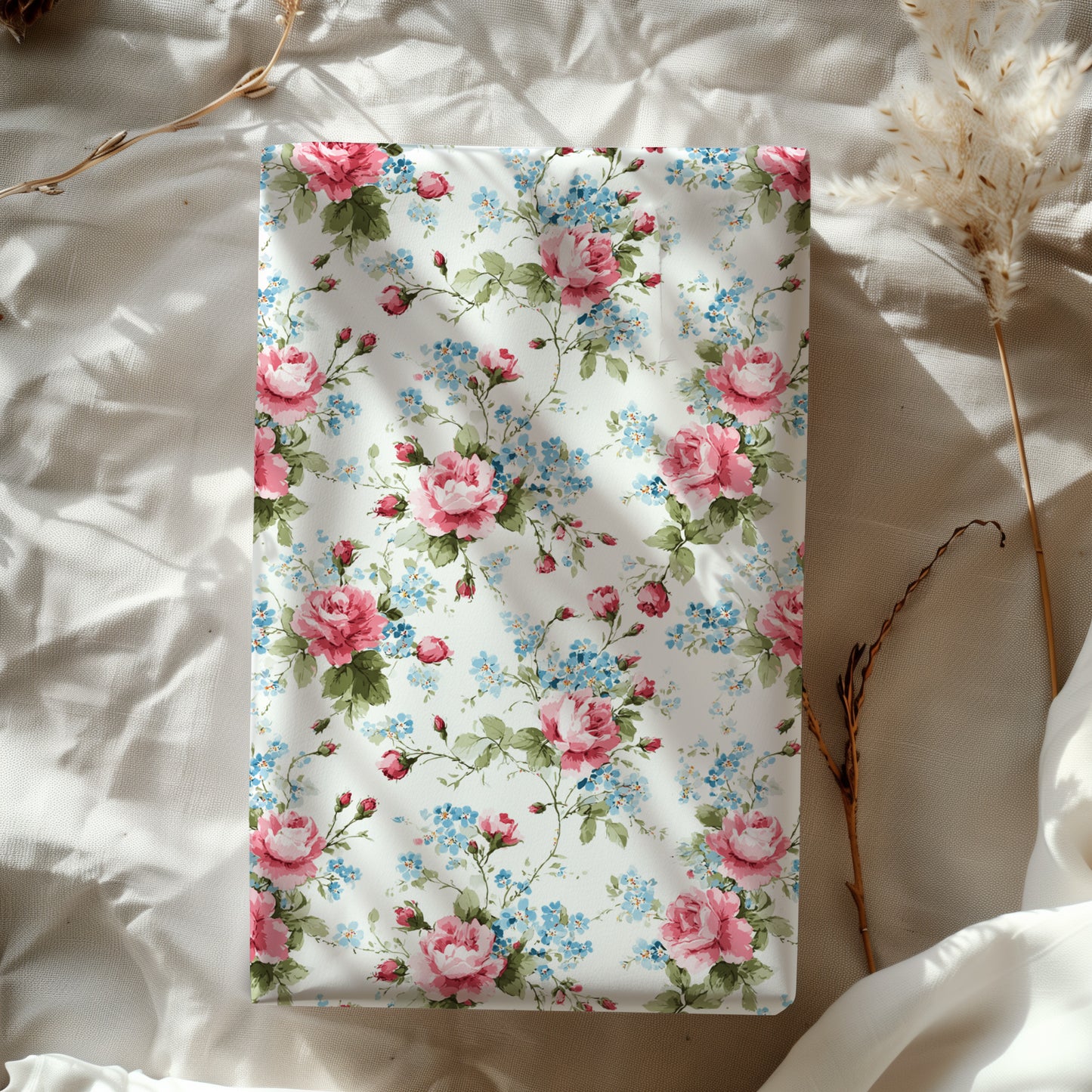 Delicate Pink English Garden Rose & Baby Blue Bloom Vintage Floral Style Gift Wrapping Paper