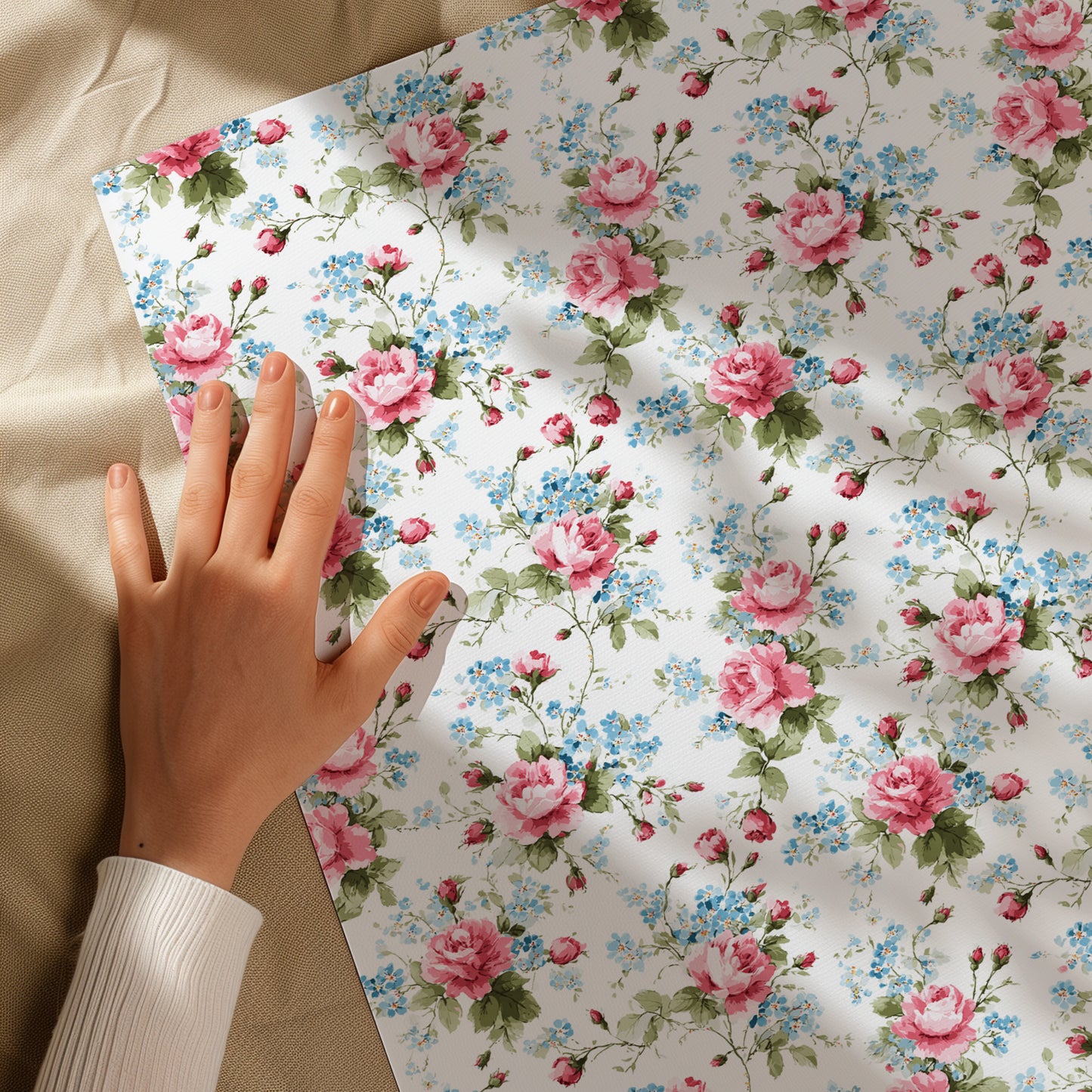 Delicate Pink English Garden Rose & Baby Blue Bloom Vintage Floral Style Gift Wrapping Paper