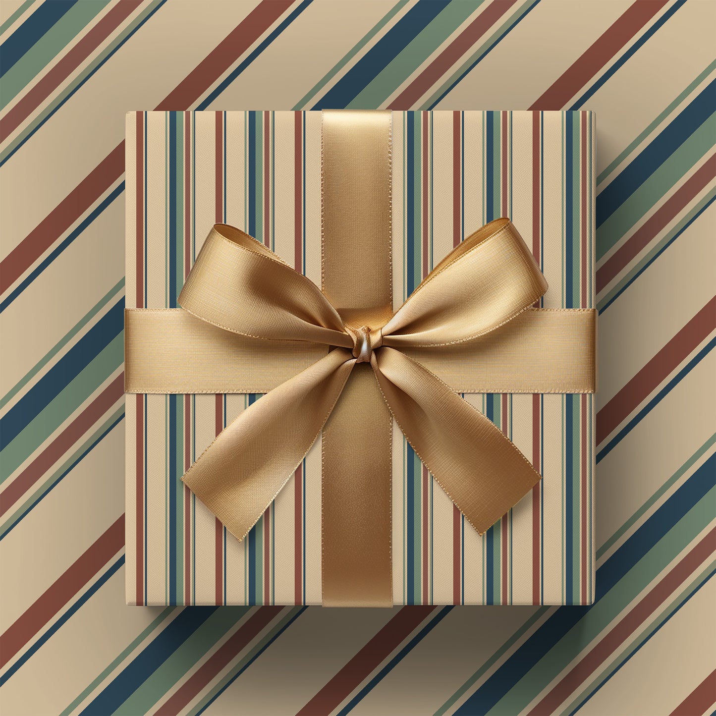 Muted Vintage Teal, Blue, Orange and Beige Striped Gift Wrapping Paper