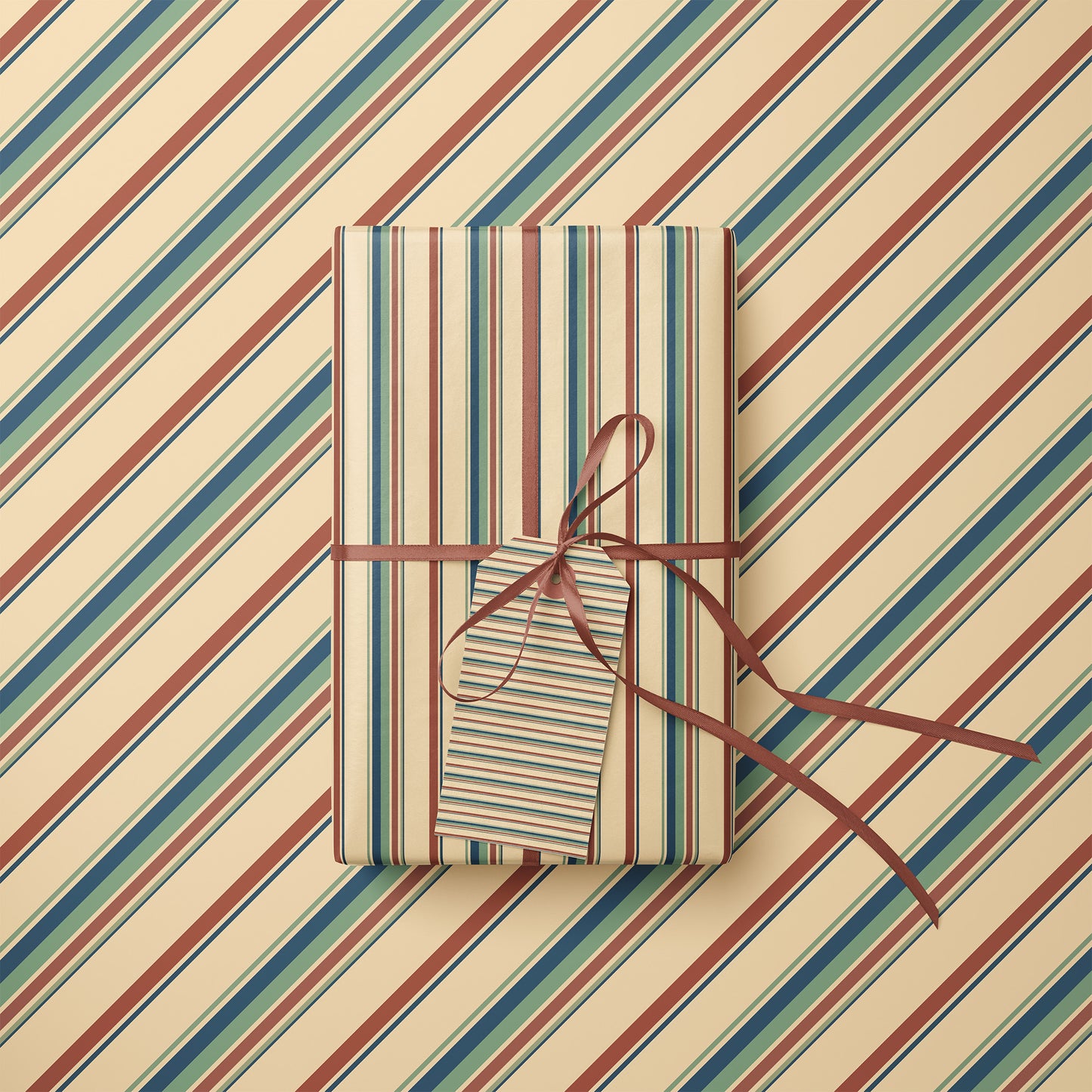 Muted Vintage Teal, Blue, Orange and Beige Striped Gift Wrapping Paper
