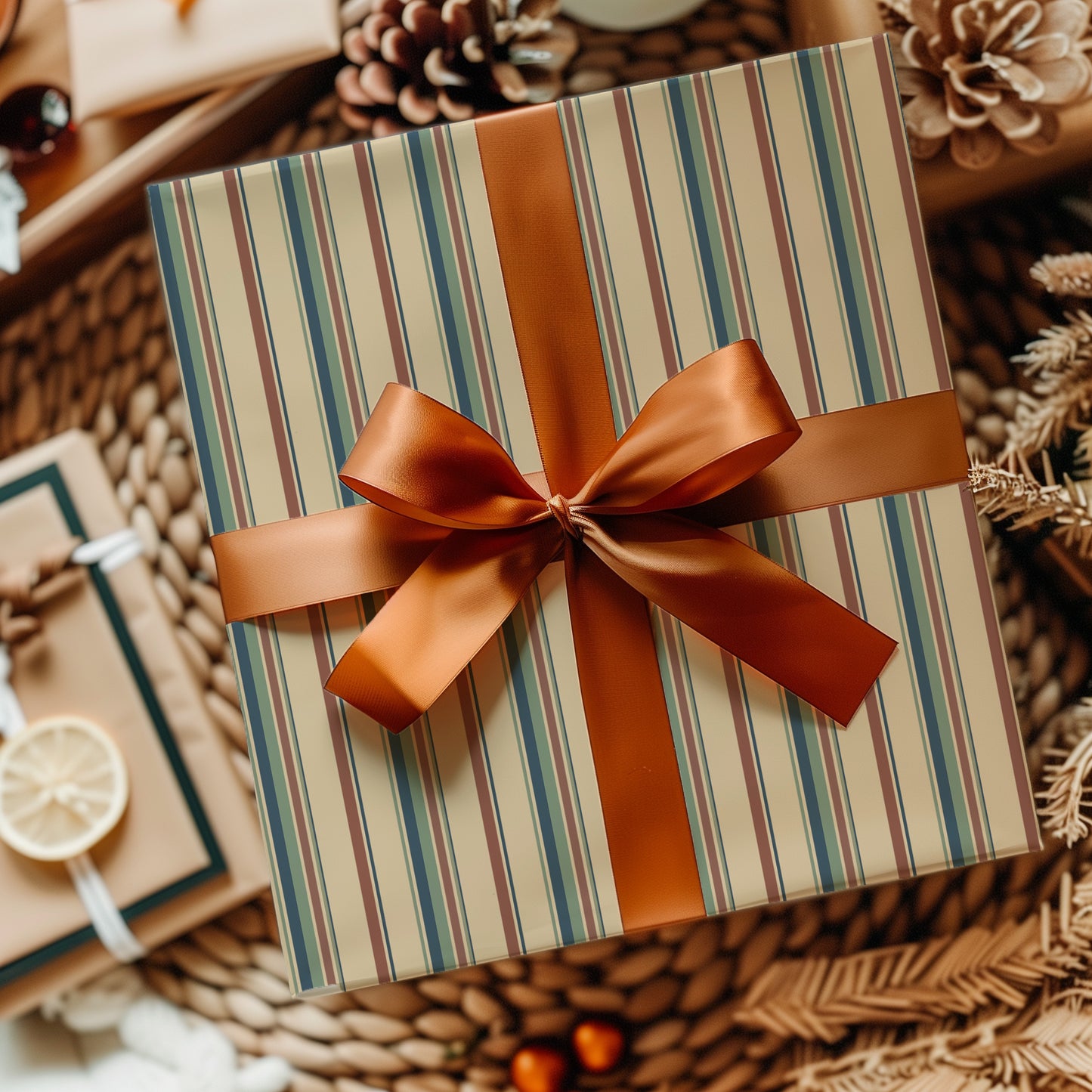Muted Vintage Teal, Blue, Orange and Beige Striped Gift Wrapping Paper