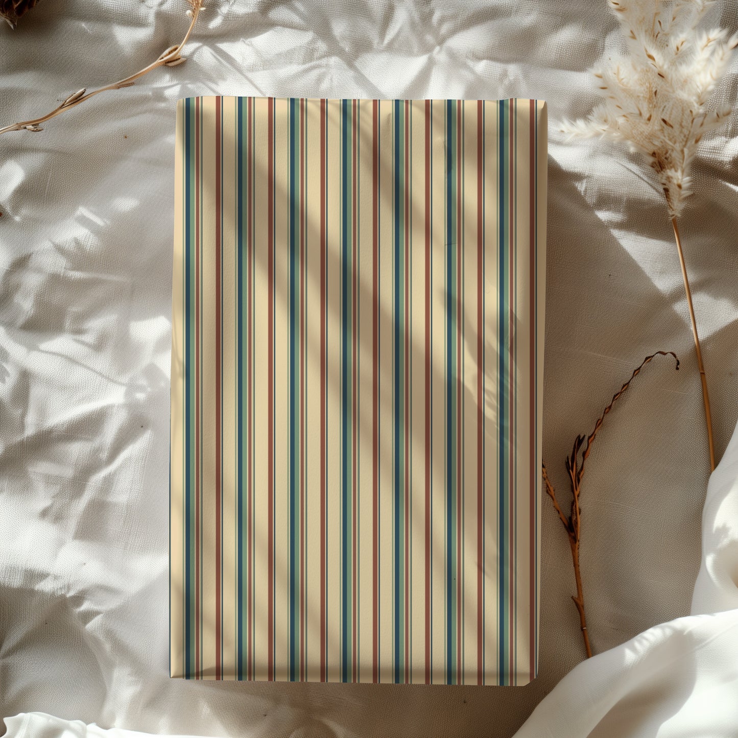 Muted Vintage Teal, Blue, Orange and Beige Striped Gift Wrapping Paper