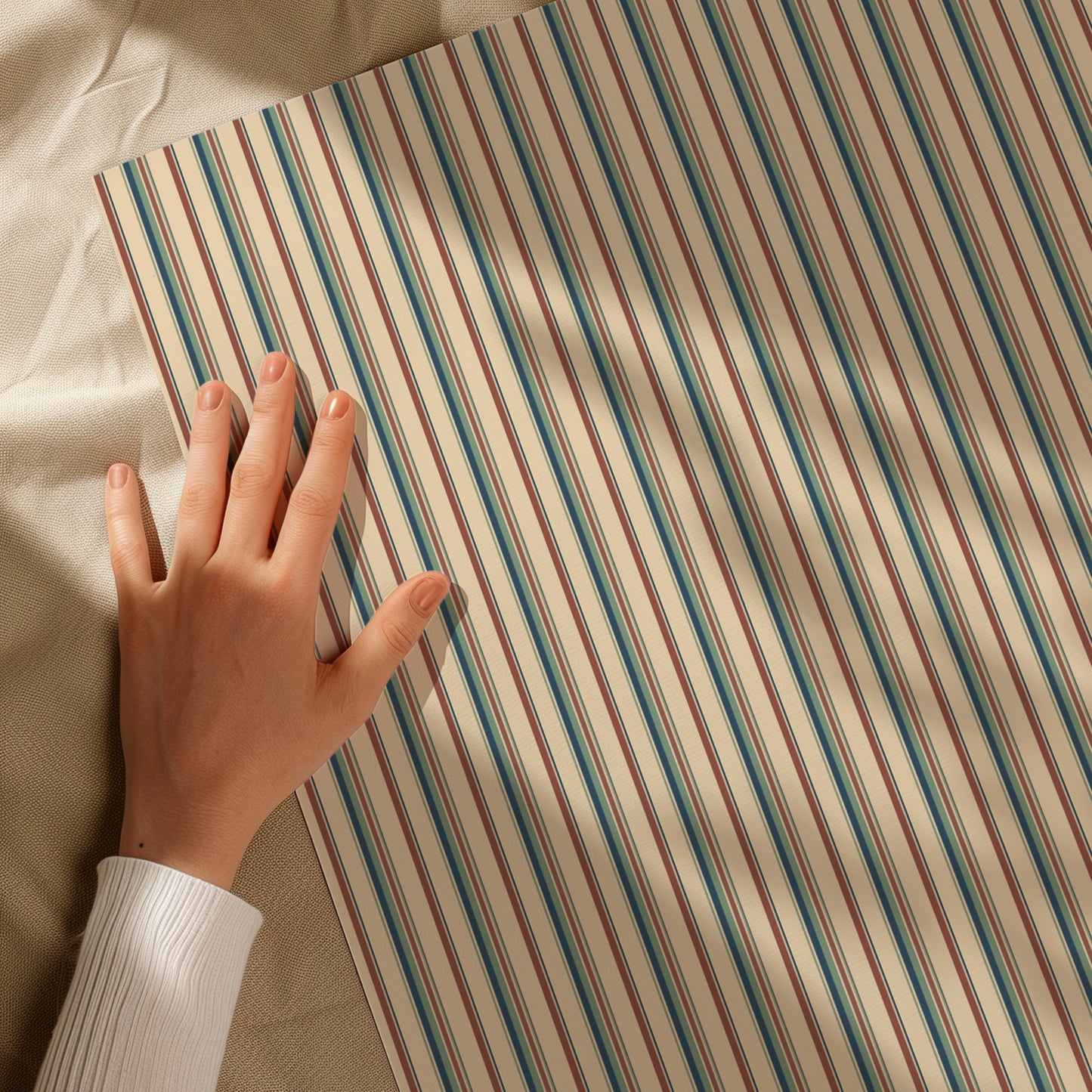 Muted Vintage Teal, Blue, Orange and Beige Striped Gift Wrapping Paper