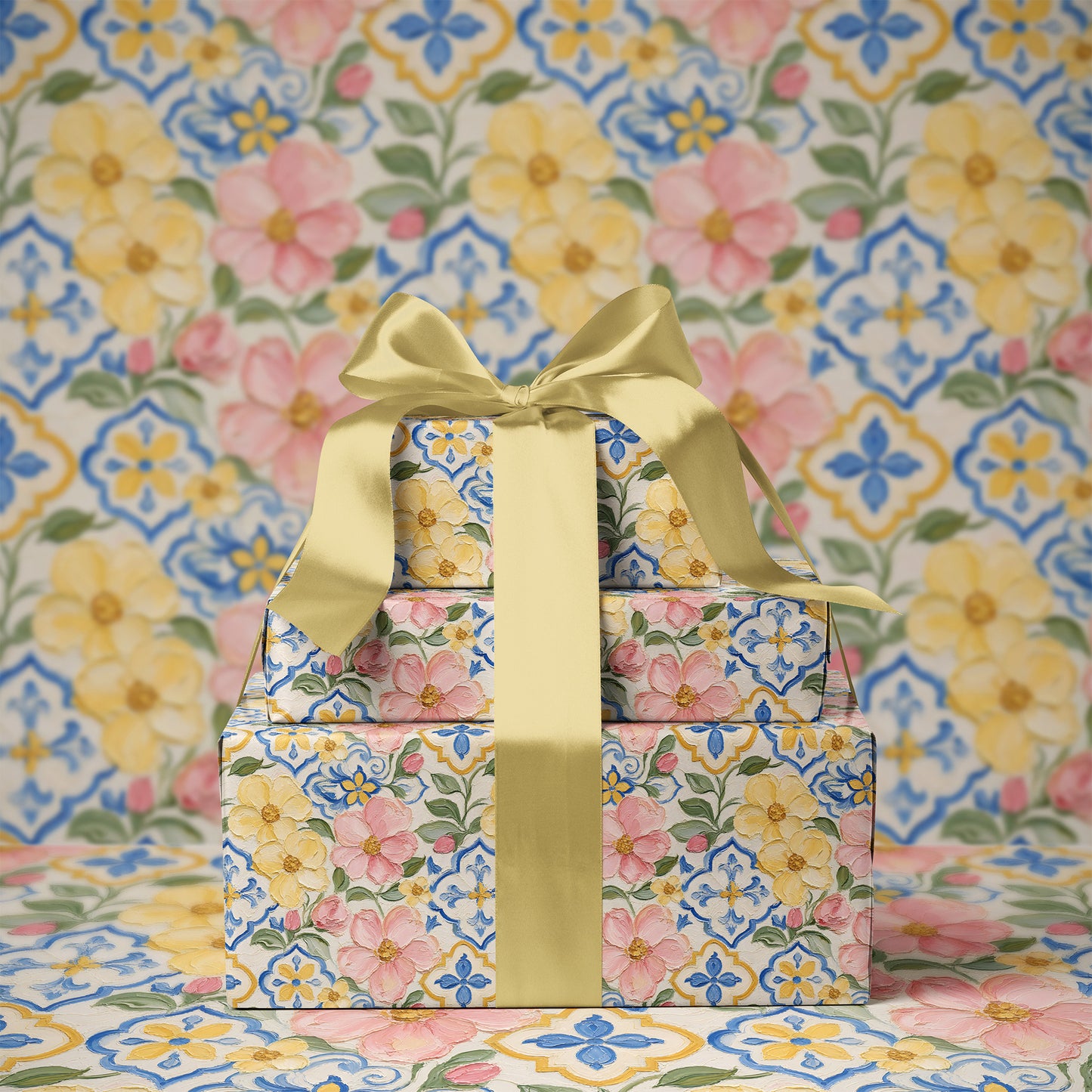 Pink & Yellow Flower Blooms with Blue Mediterranean Tile Painterly Effect Gift Wrapping Paper
