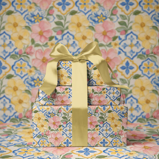 Pink & Yellow Flower Blooms with Blue Mediterranean Tile Painterly Effect Gift Wrapping Paper
