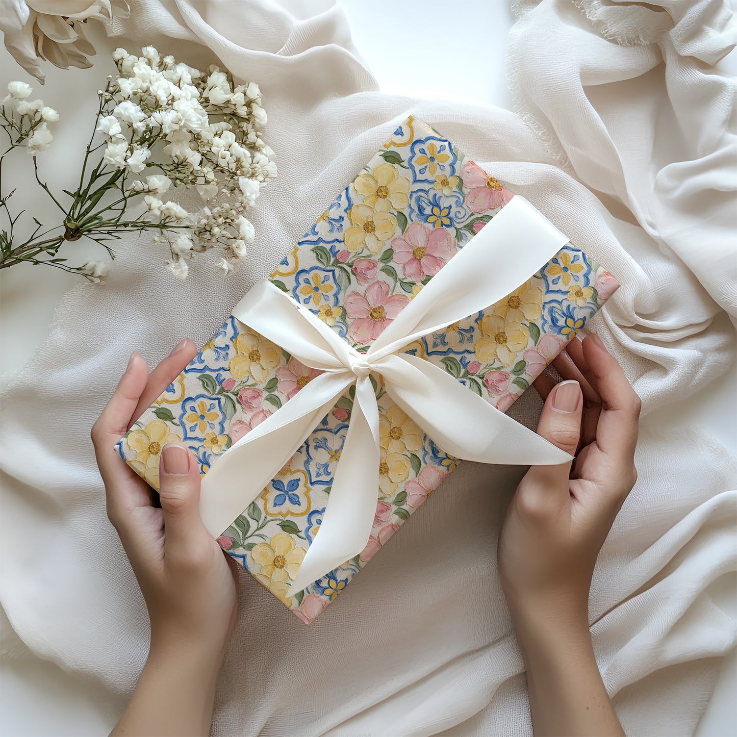 Pink & Yellow Flower Blooms with Blue Mediterranean Tile Painterly Effect Gift Wrapping Paper