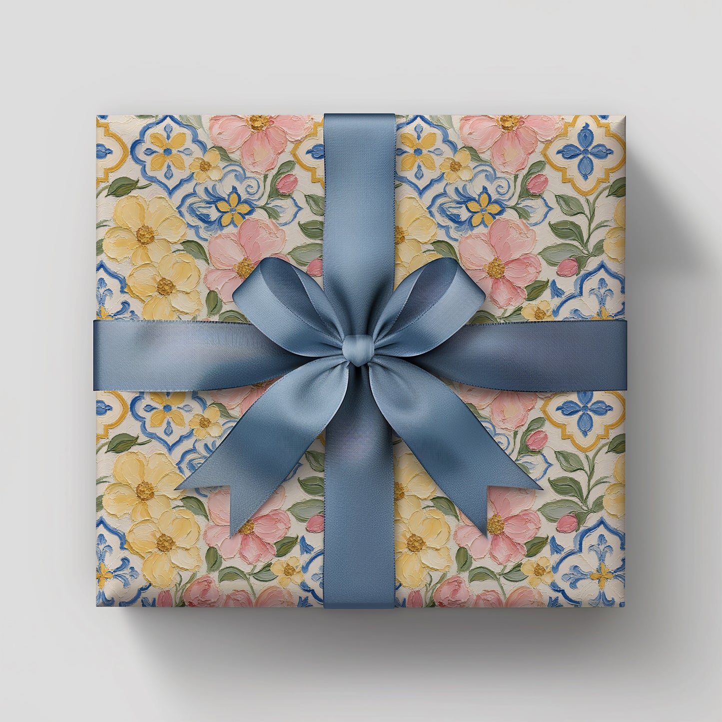 Pink & Yellow Flower Blooms with Blue Mediterranean Tile Painterly Effect Gift Wrapping Paper