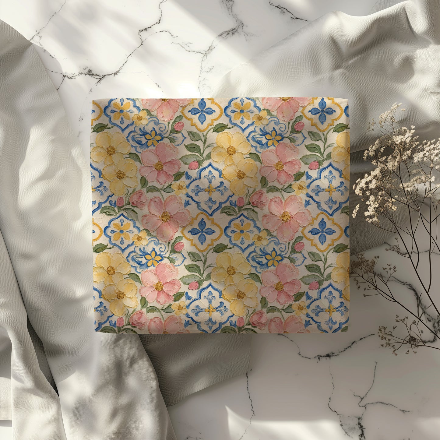 Pink & Yellow Flower Blooms with Blue Mediterranean Tile Painterly Effect Gift Wrapping Paper