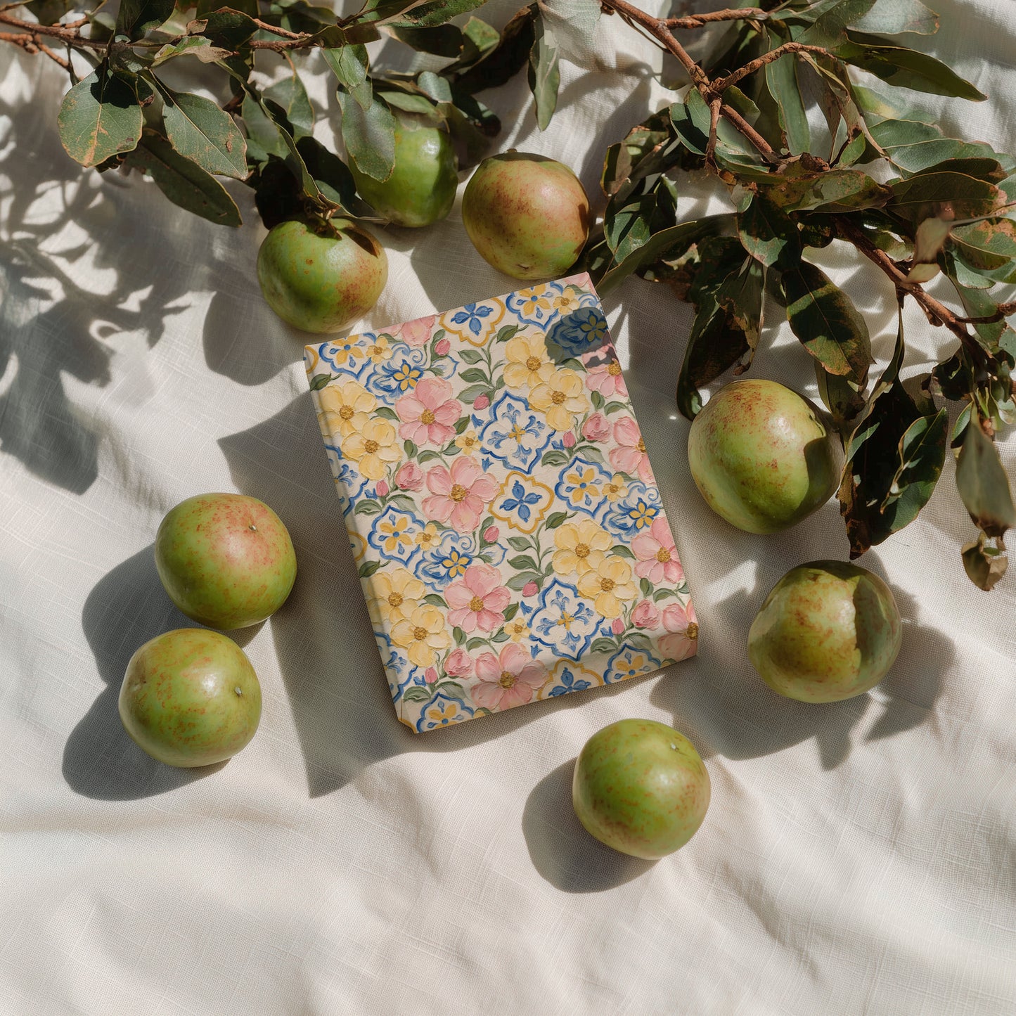 Pink & Yellow Flower Blooms with Blue Mediterranean Tile Painterly Effect Gift Wrapping Paper