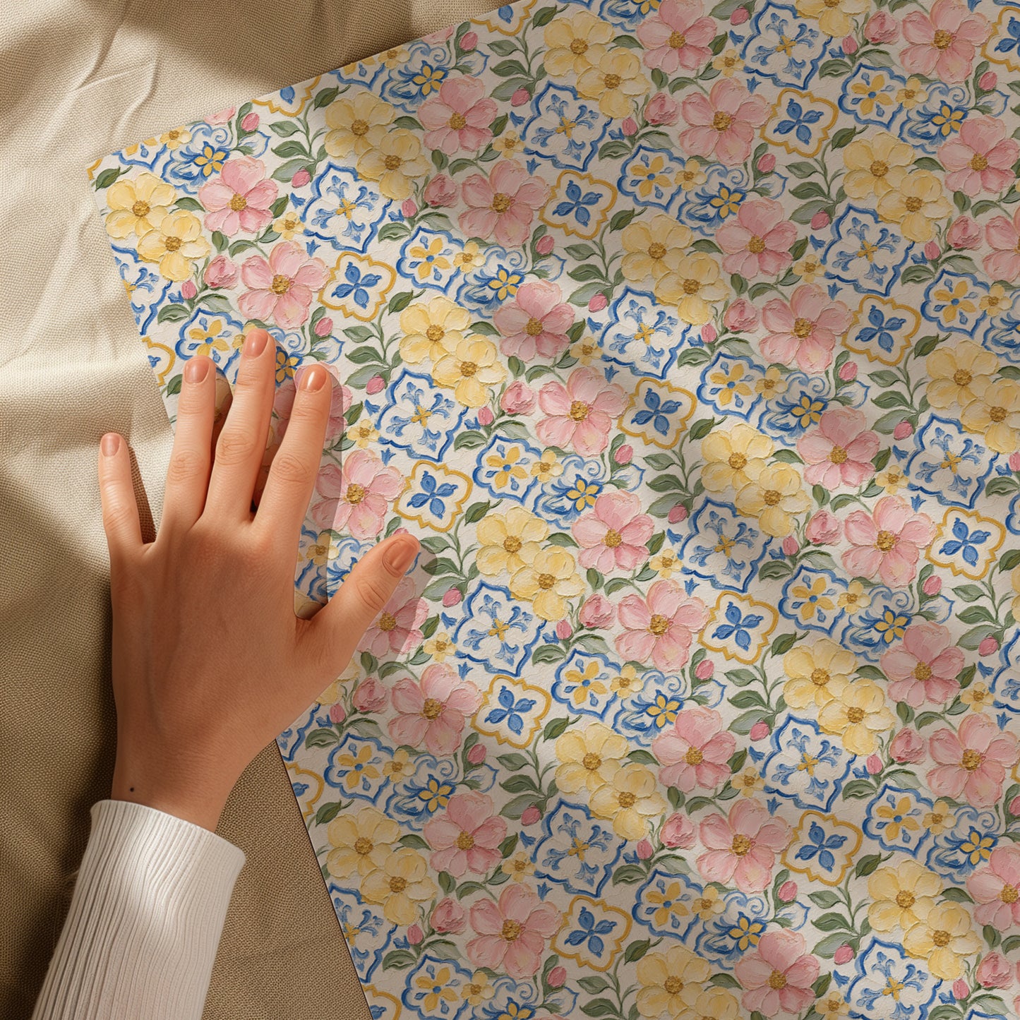 Pink & Yellow Flower Blooms with Blue Mediterranean Tile Painterly Effect Gift Wrapping Paper