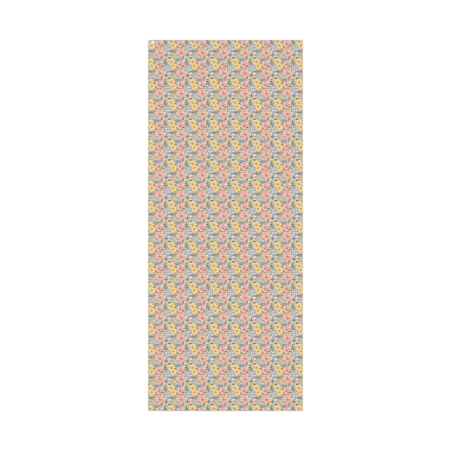 Pink & Yellow Flower Blooms with Blue Mediterranean Tile Painterly Effect Gift Wrapping Paper