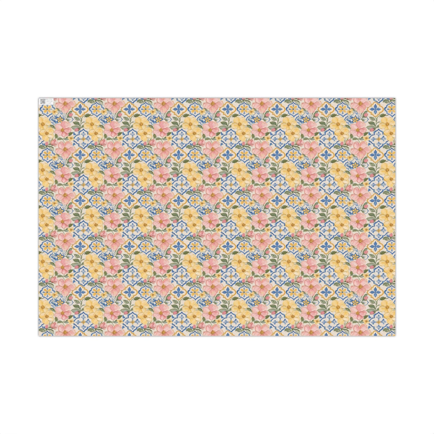 Pink & Yellow Flower Blooms with Blue Mediterranean Tile Painterly Effect Gift Wrapping Paper