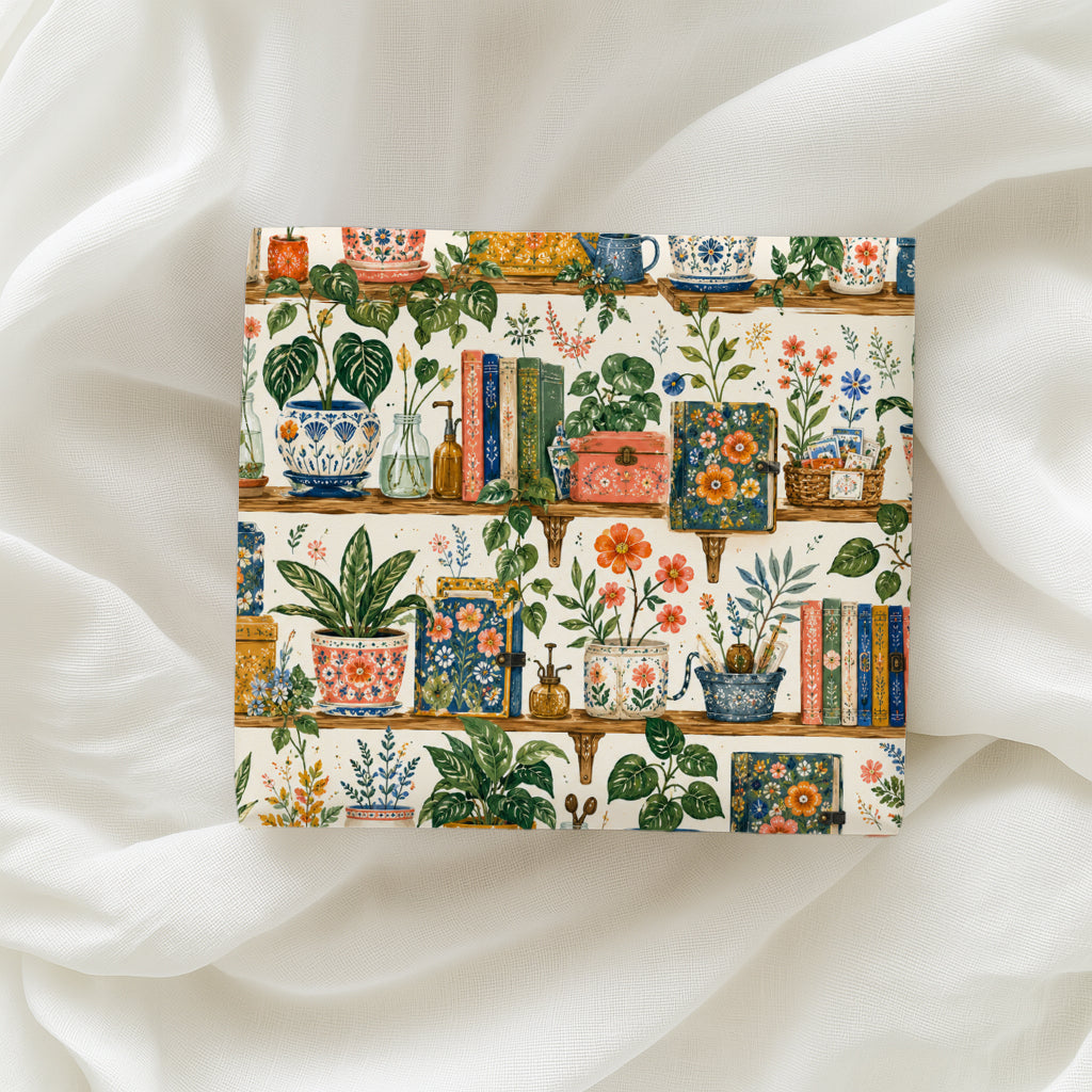 Boho Books & Plants on Wooden Shelf Print Gift Wrapping Paper