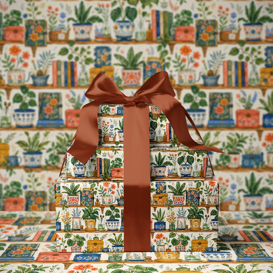 Boho Books & Plants on Wooden Shelf Print Gift Wrapping Paper