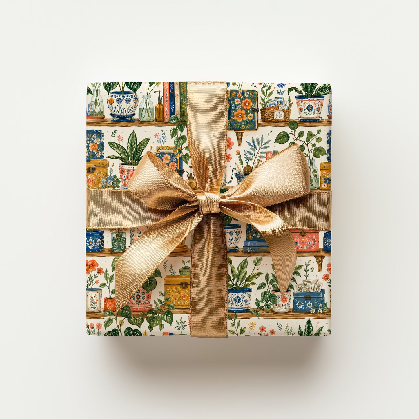 Boho Books & Plants on Wooden Shelf Print Gift Wrapping Paper
