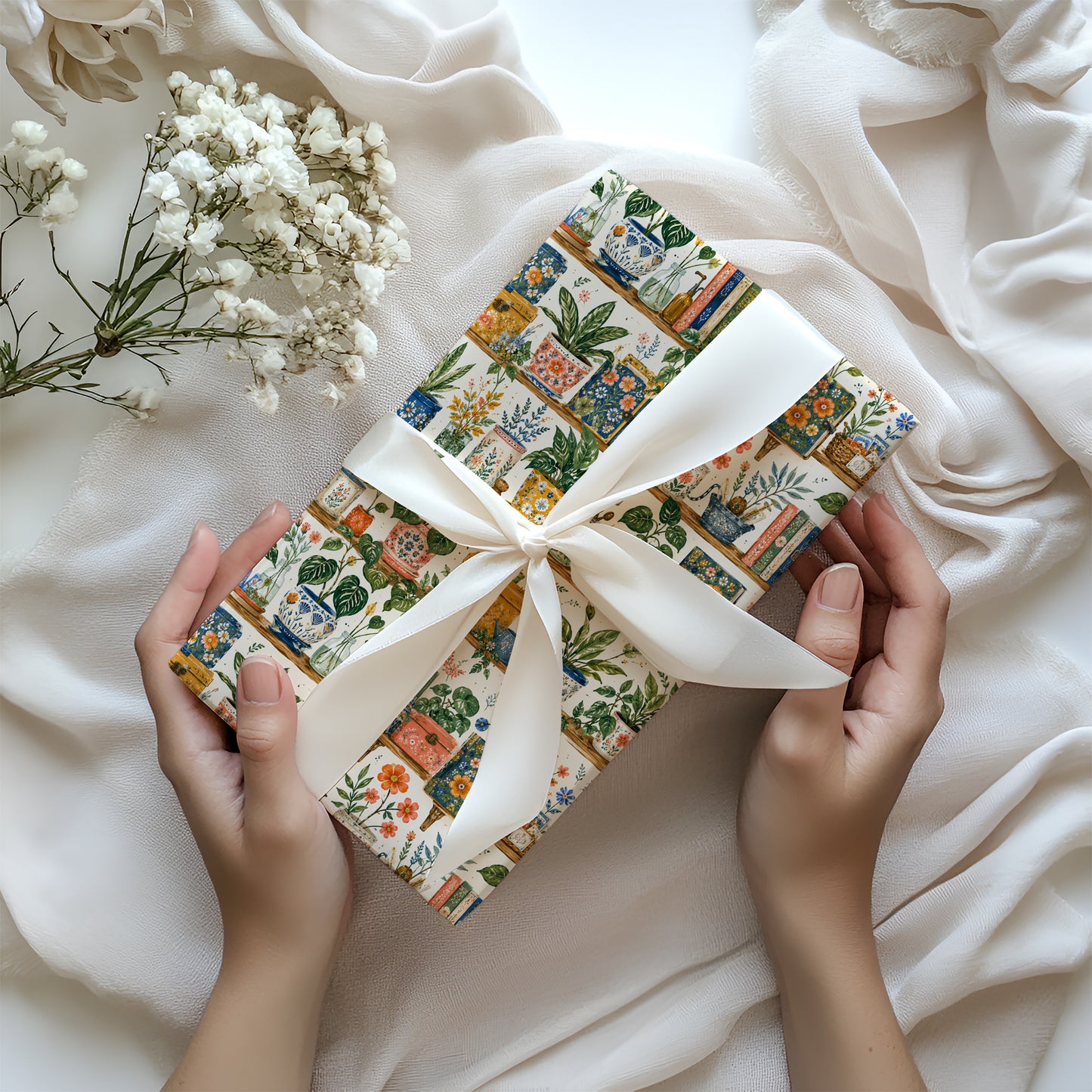 Boho Books & Plants on Wooden Shelf Print Gift Wrapping Paper