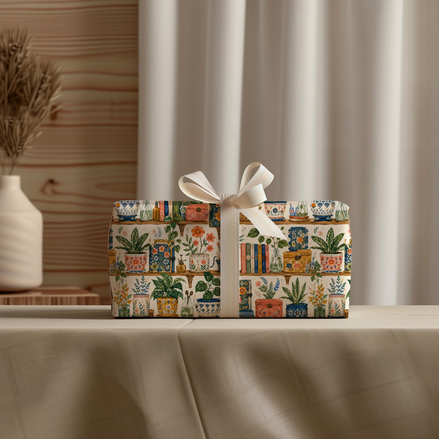 Boho Books & Plants on Wooden Shelf Print Gift Wrapping Paper