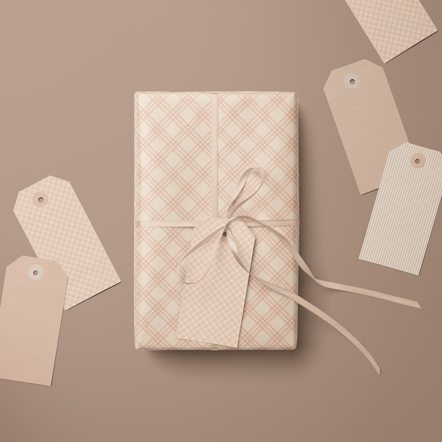 Pink Blush & Beige Windowpane, Tattersall, Gingham Plaid Gift Wrapping Paper