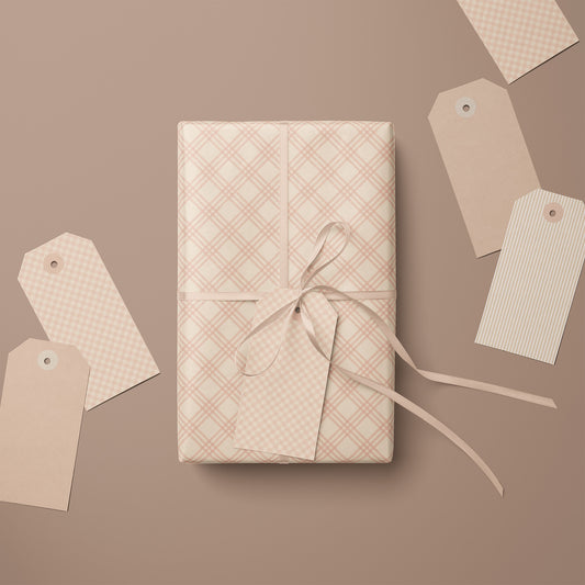 Pink Blush & Beige Windowpane, Tattersall, Gingham Plaid Gift Wrapping Paper