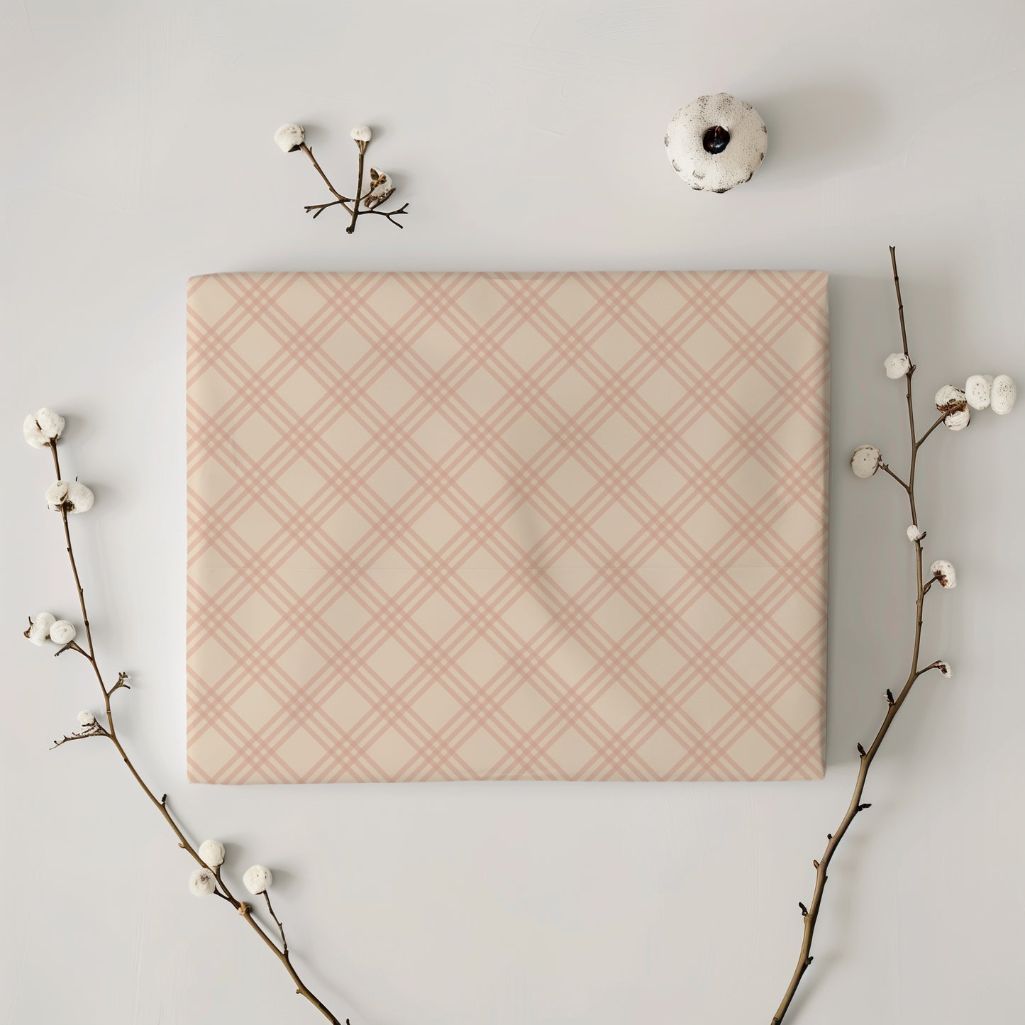 Pink Blush & Beige Windowpane, Tattersall, Gingham Plaid Gift Wrapping Paper