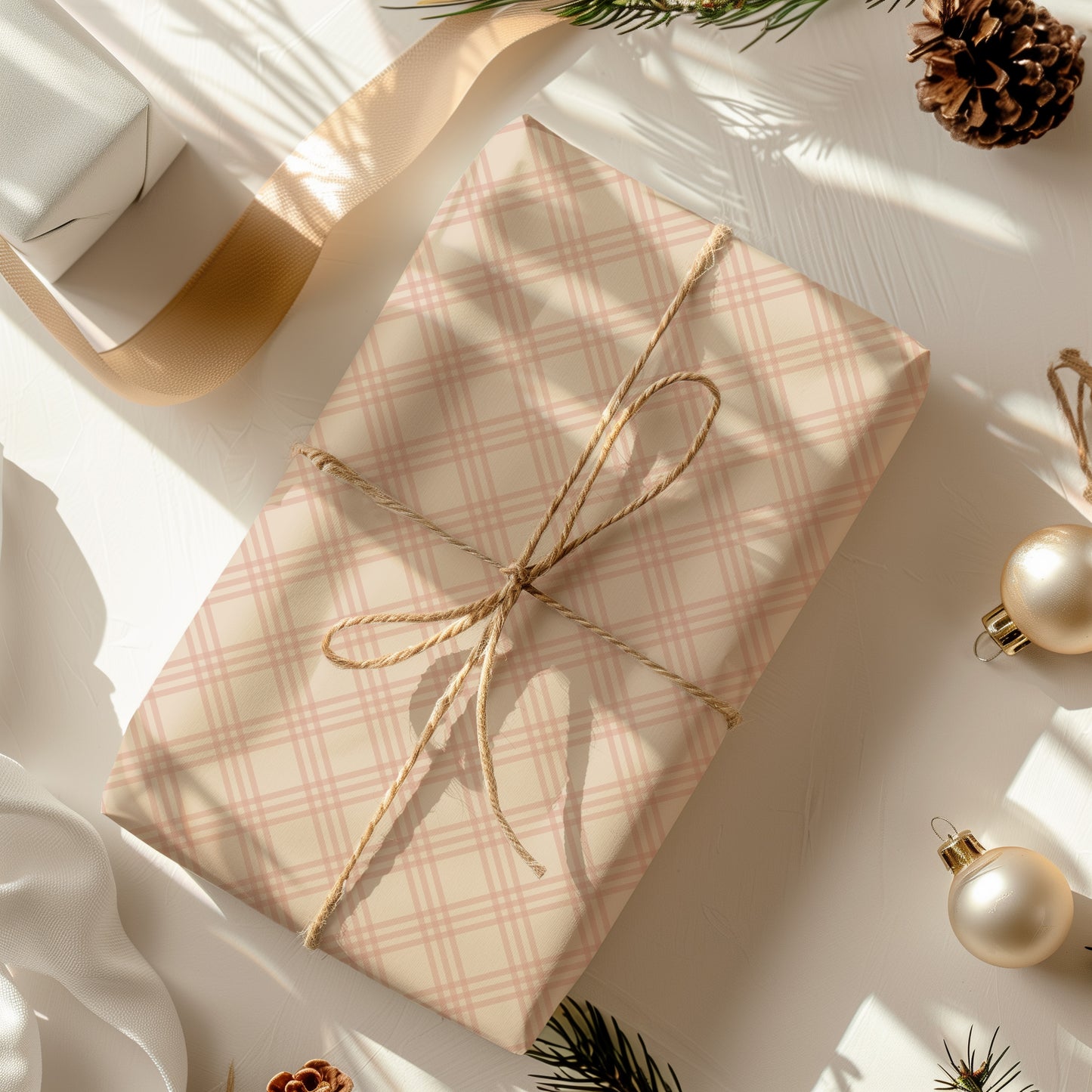 Pink Blush & Beige Windowpane, Tattersall, Gingham Plaid Gift Wrapping Paper
