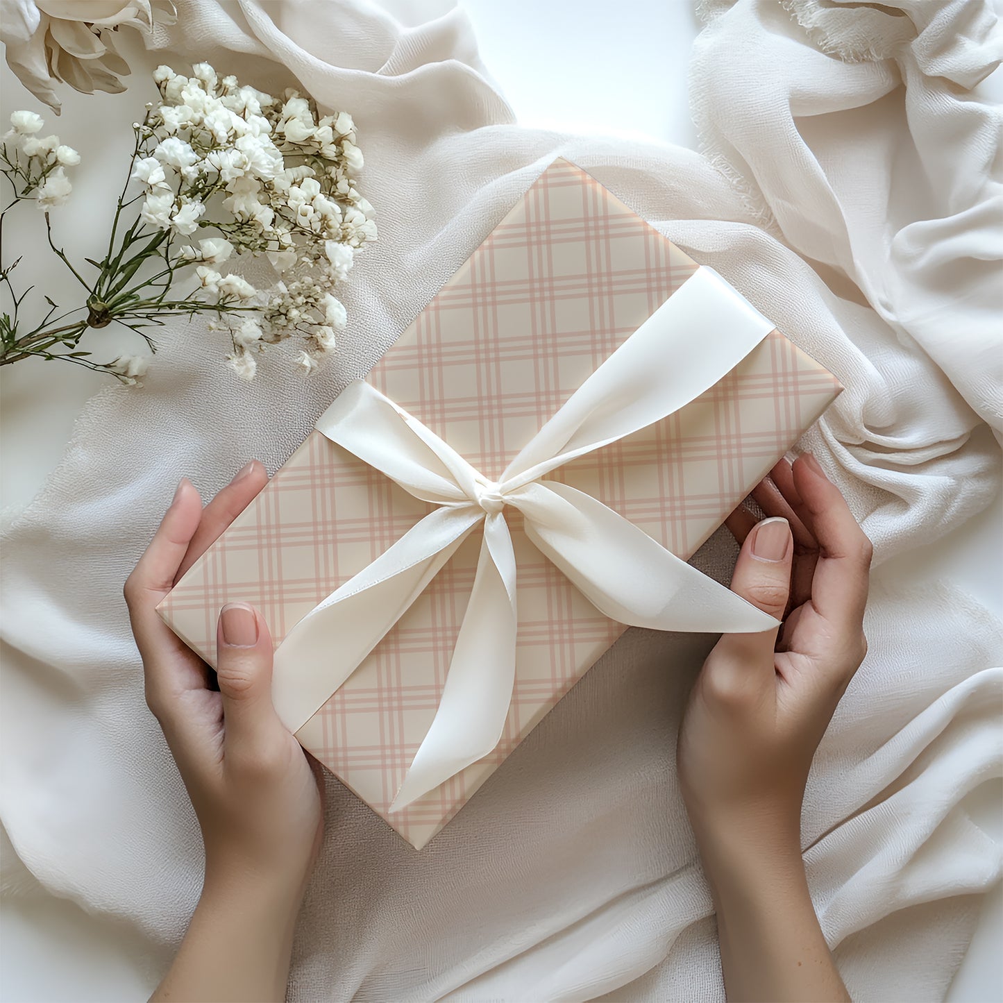 Pink Blush & Beige Windowpane, Tattersall, Gingham Plaid Gift Wrapping Paper