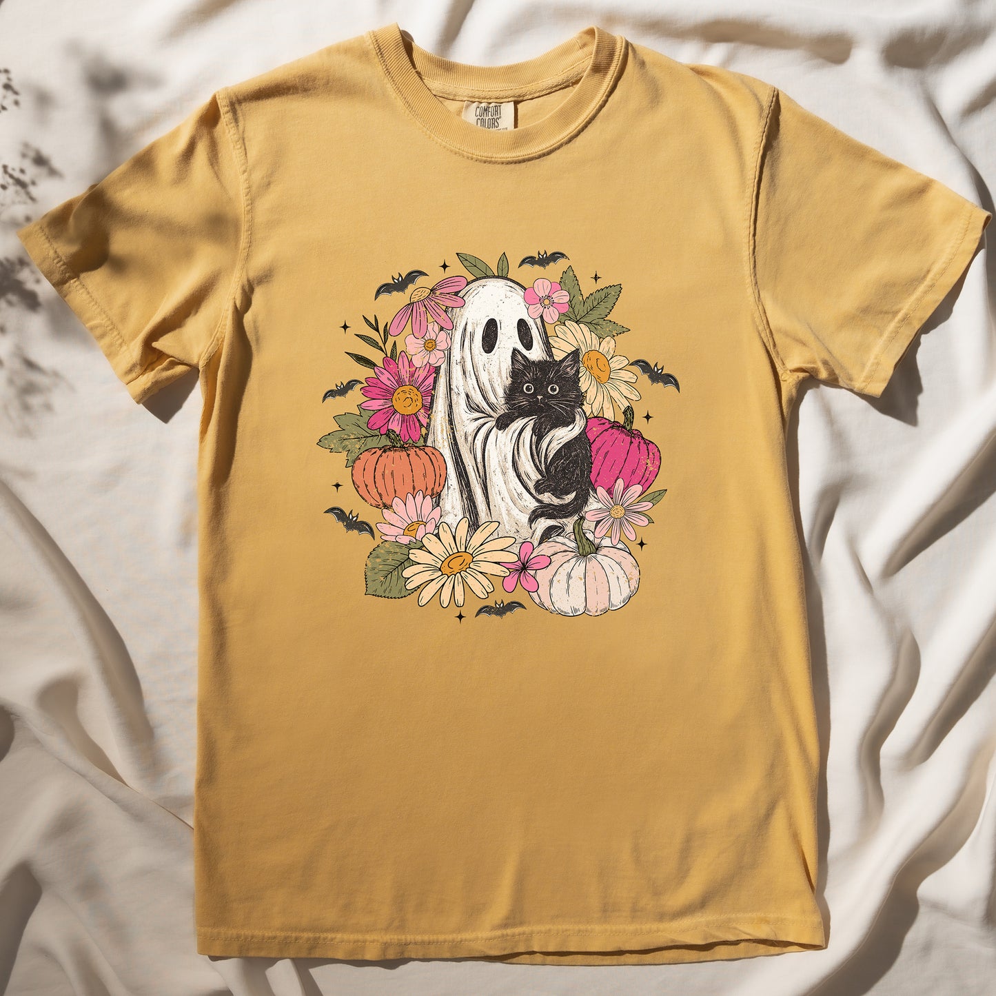 Cute Boho Ghost Holding Black Cat with Flowers T-shirt