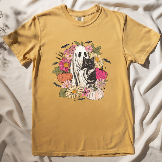 Cute Boho Ghost Holding Black Cat with Flowers T-shirt