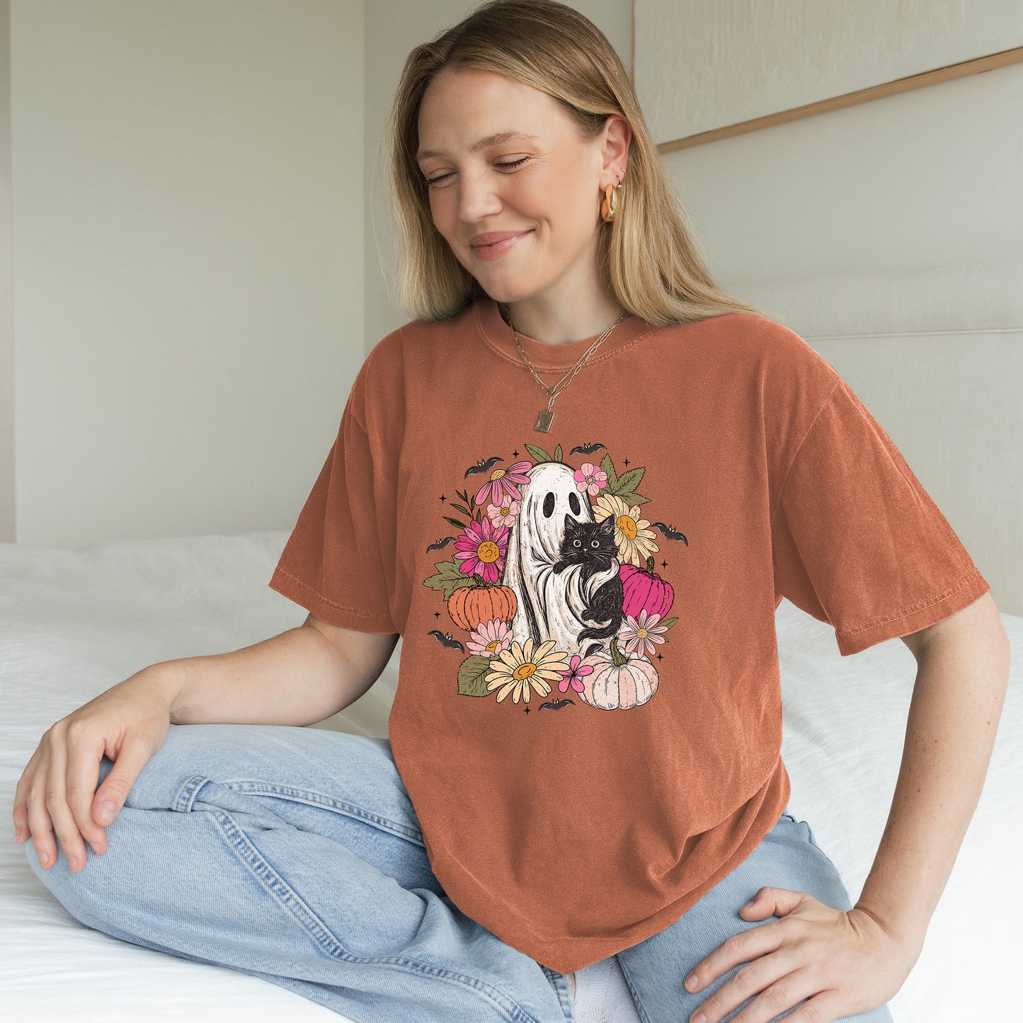 Cute Boho Ghost Holding Black Cat with Flowers T-shirt