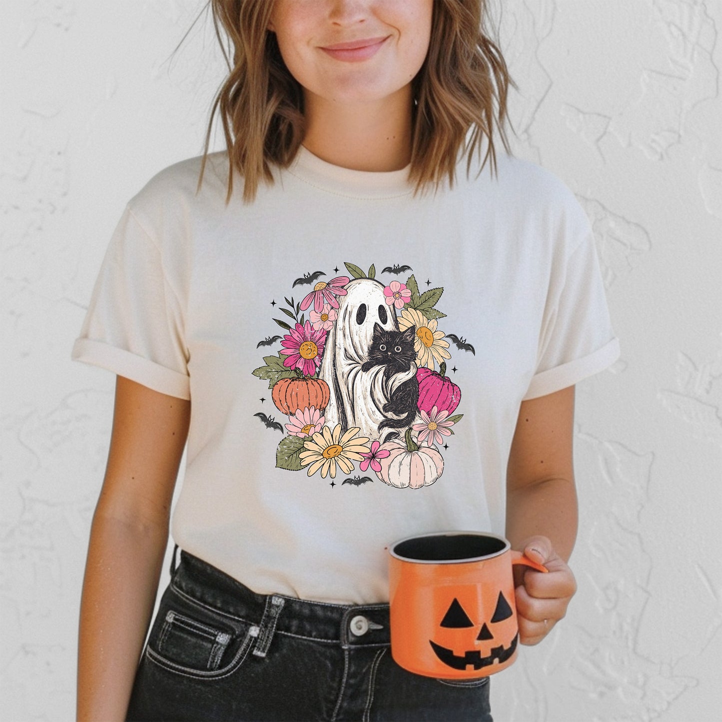 Cute Boho Ghost Holding Black Cat with Flowers T-shirt