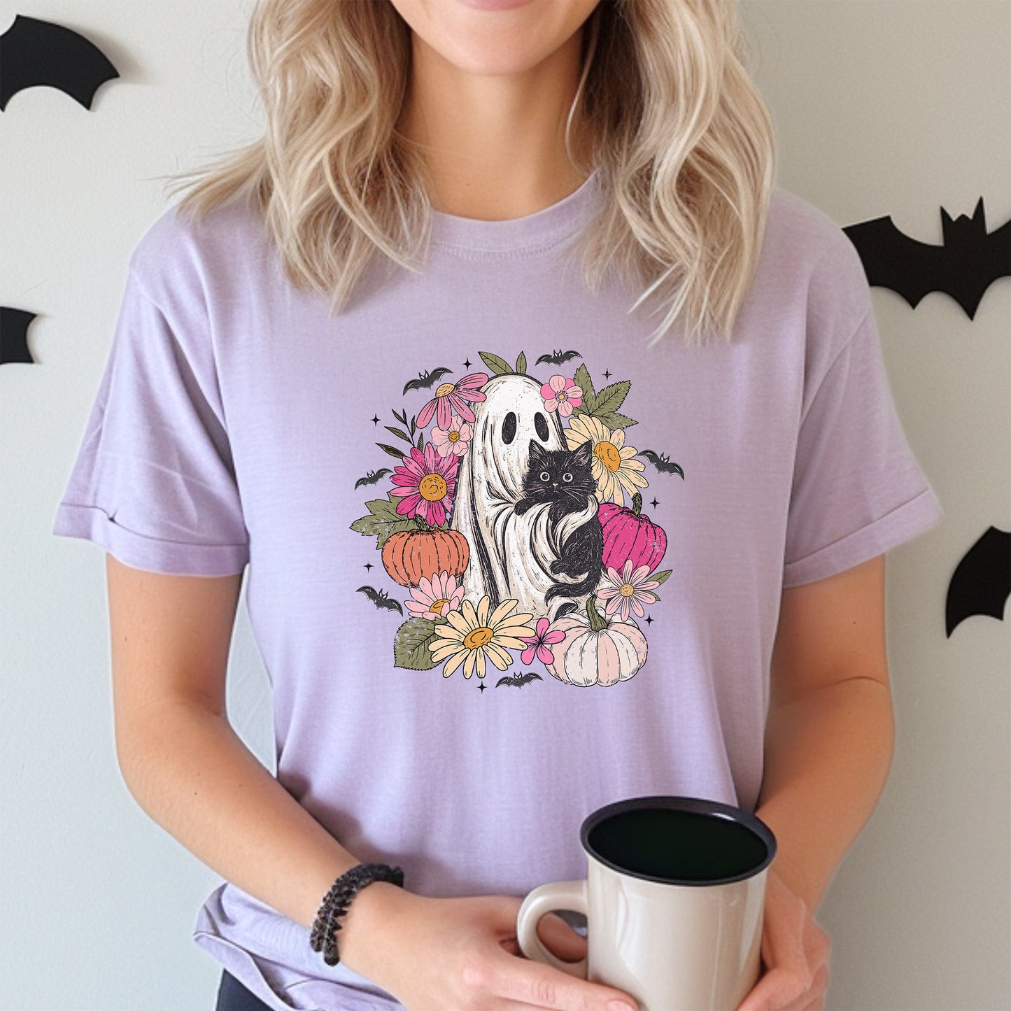 Cute Boho Ghost Holding Black Cat with Flowers T-shirt