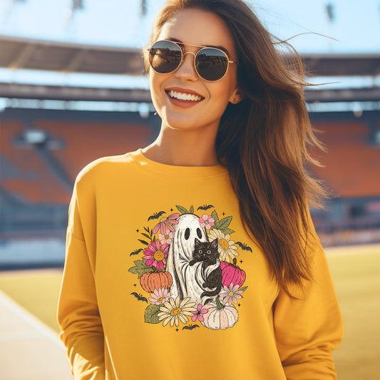 Ghost Holding Black Cat Boho Floral Halloween Crewneck Sweatshirt