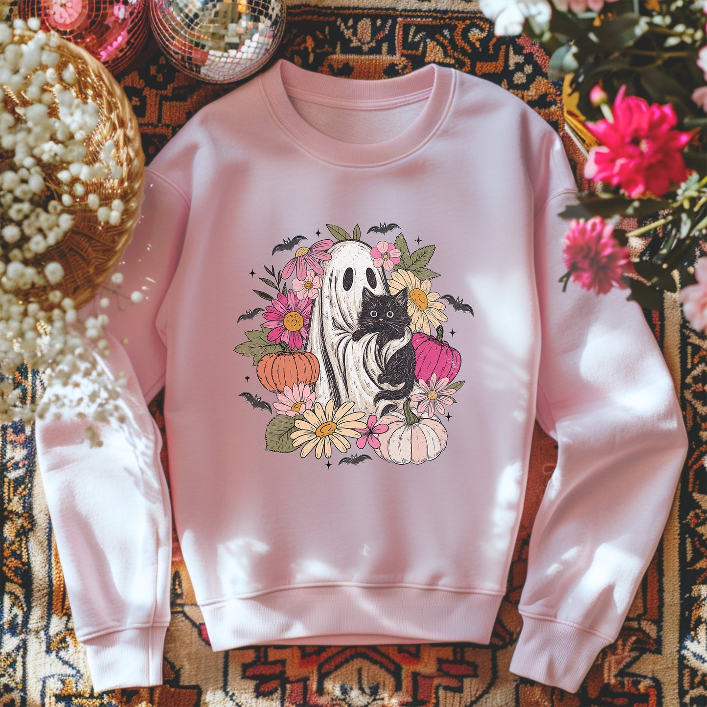 Ghost Holding Black Cat Boho Floral Halloween Crewneck Sweatshirt