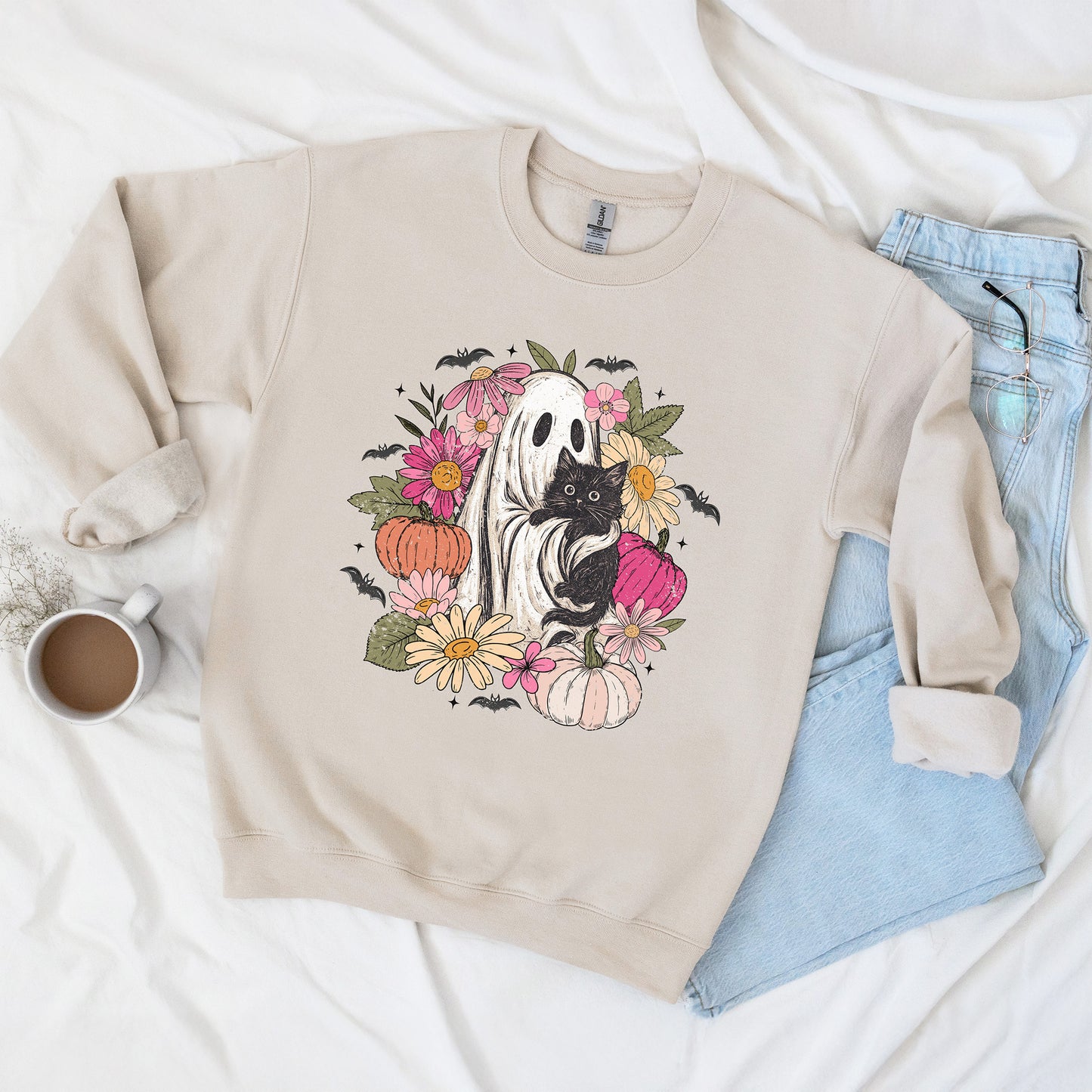 Ghost Holding Black Cat Boho Floral Halloween Crewneck Sweatshirt