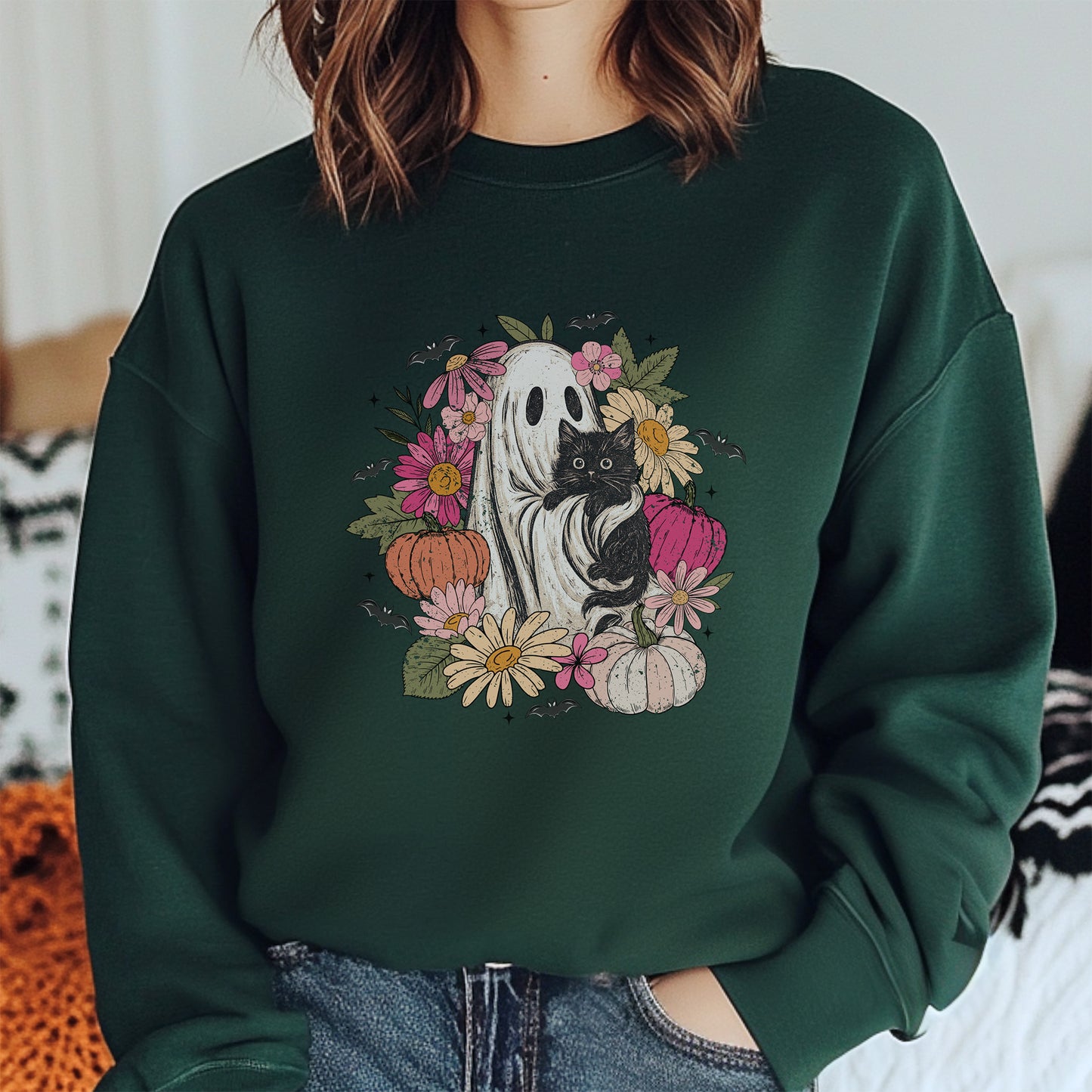 Ghost Holding Black Cat Boho Floral Halloween Crewneck Sweatshirt