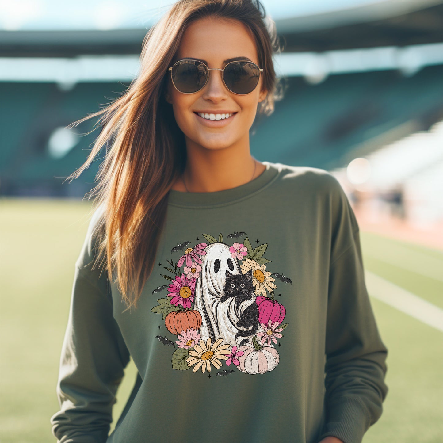 Ghost Holding Black Cat Boho Floral Halloween Crewneck Sweatshirt