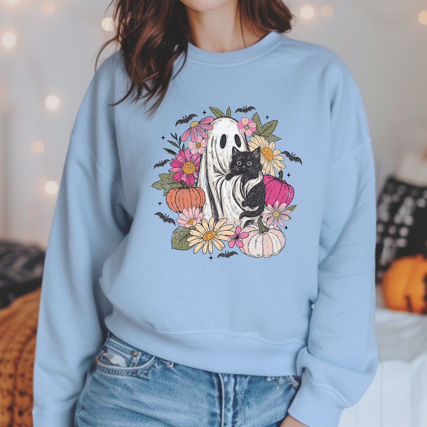 Ghost Holding Black Cat Boho Floral Halloween Crewneck Sweatshirt