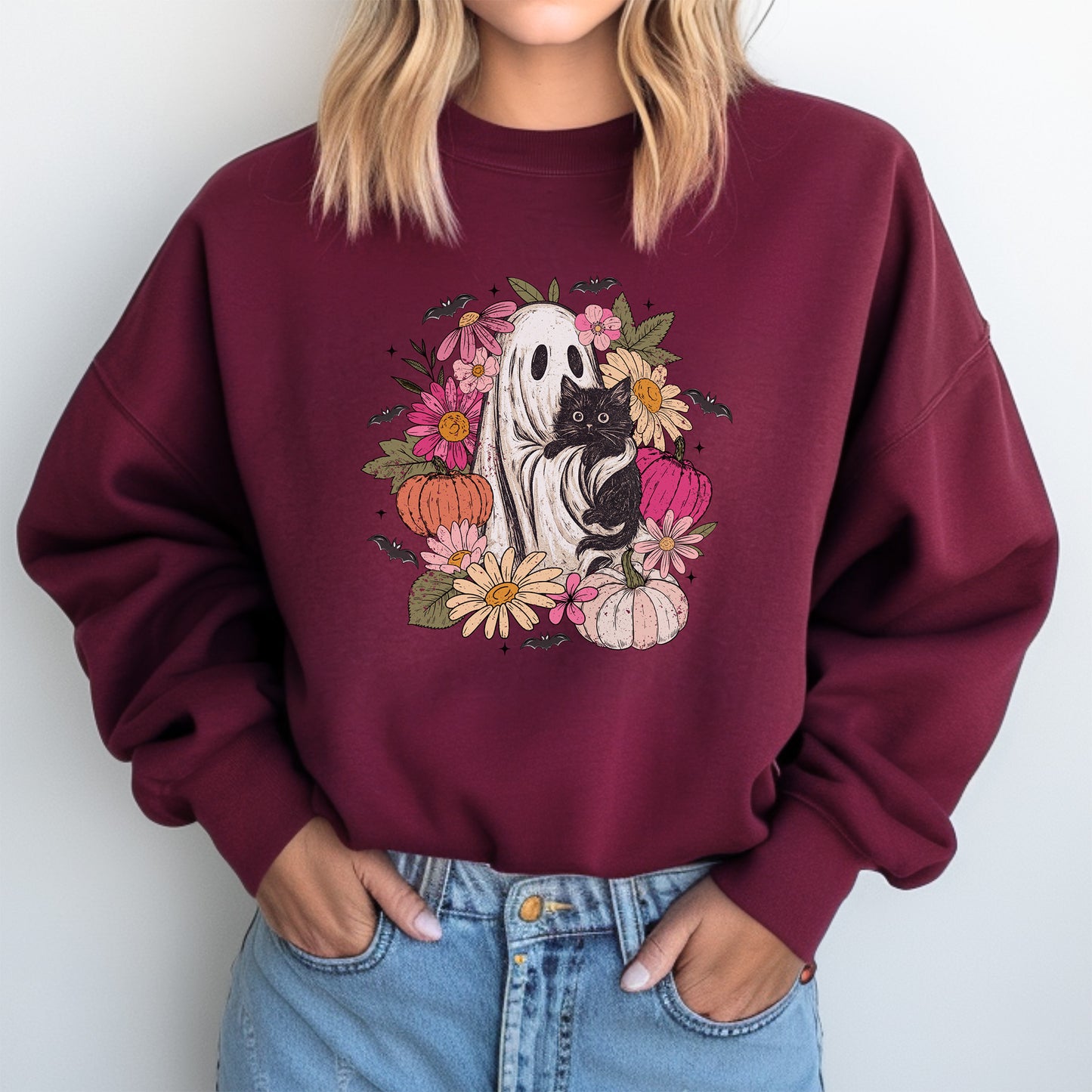 Ghost Holding Black Cat Boho Floral Halloween Crewneck Sweatshirt