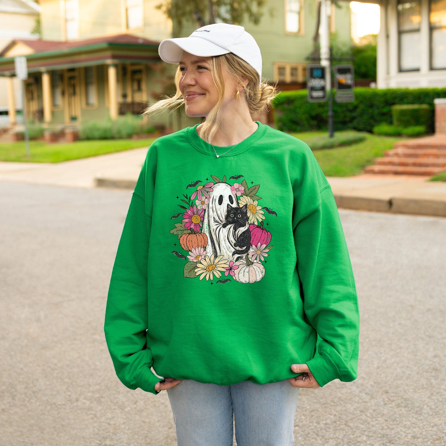 Ghost Holding Black Cat Boho Floral Halloween Crewneck Sweatshirt