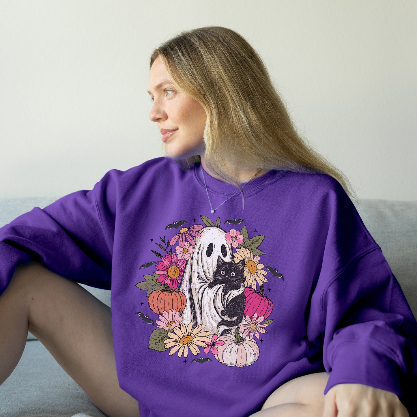 Ghost Holding Black Cat Boho Floral Halloween Crewneck Sweatshirt