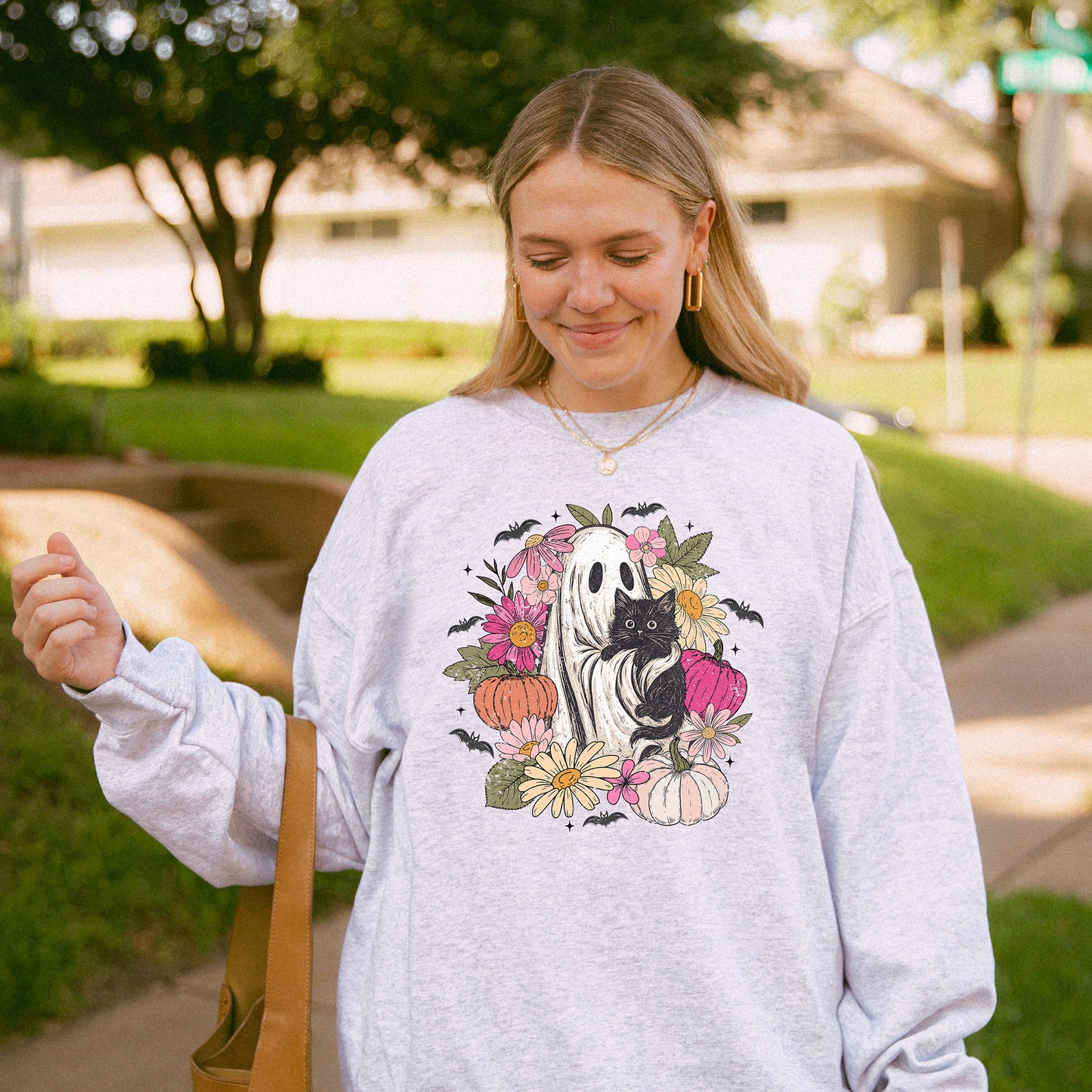 Ghost Holding Black Cat Boho Floral Halloween Crewneck Sweatshirt