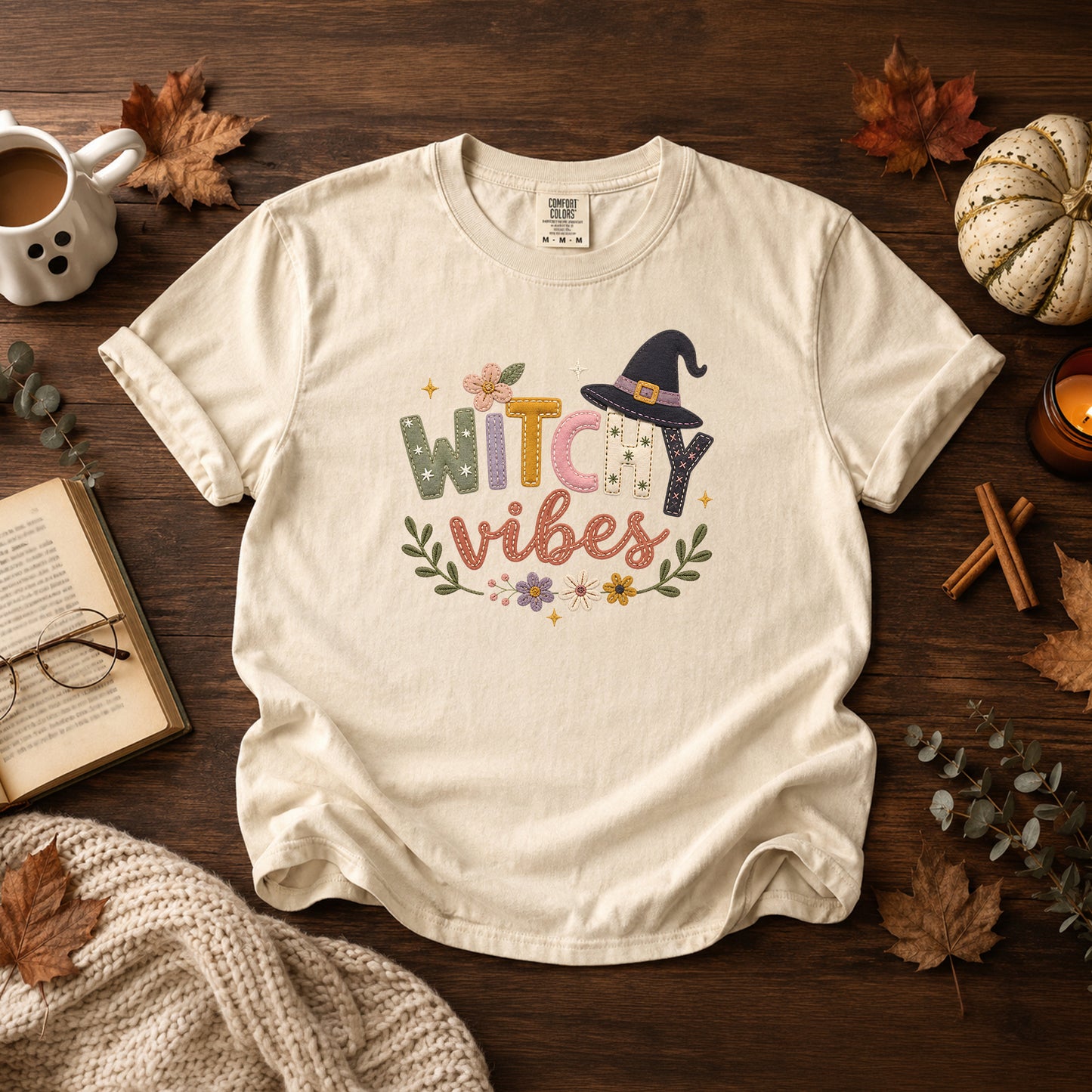 Witchy Vibes Faux Patchwork Embroidery T-shirt