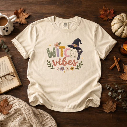 Witchy Vibes Faux Patchwork Embroidery T-shirt