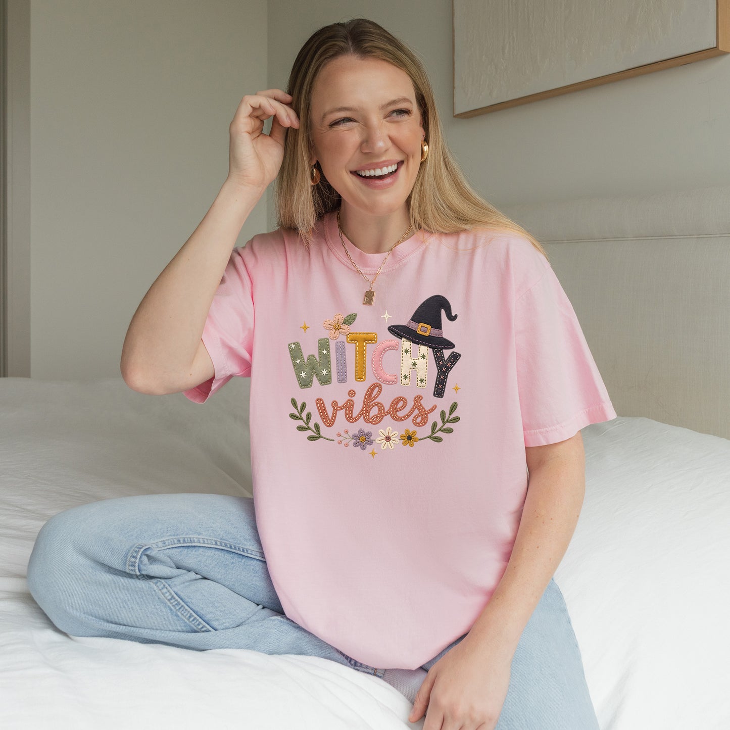Witchy Vibes Faux Patchwork Embroidery T-shirt
