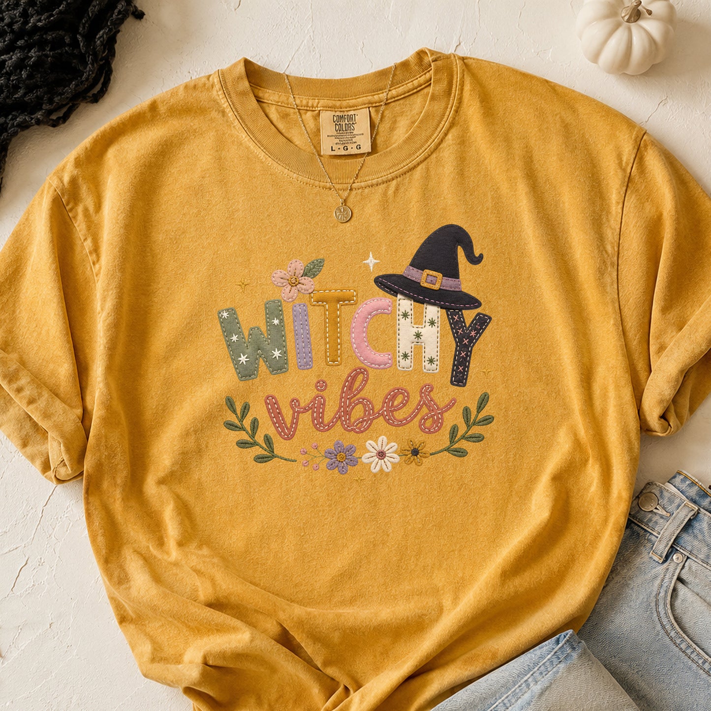 Witchy Vibes Faux Patchwork Embroidery T-shirt