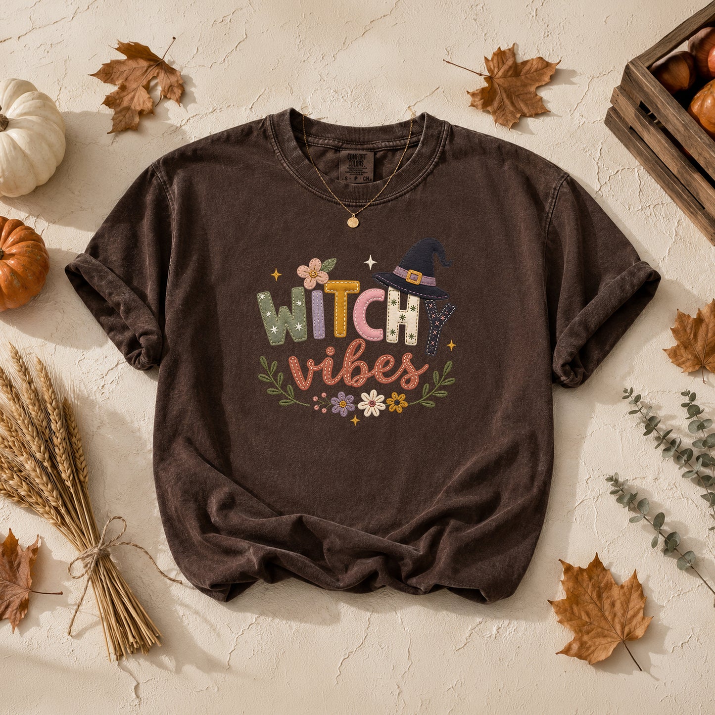 Witchy Vibes Faux Patchwork Embroidery T-shirt