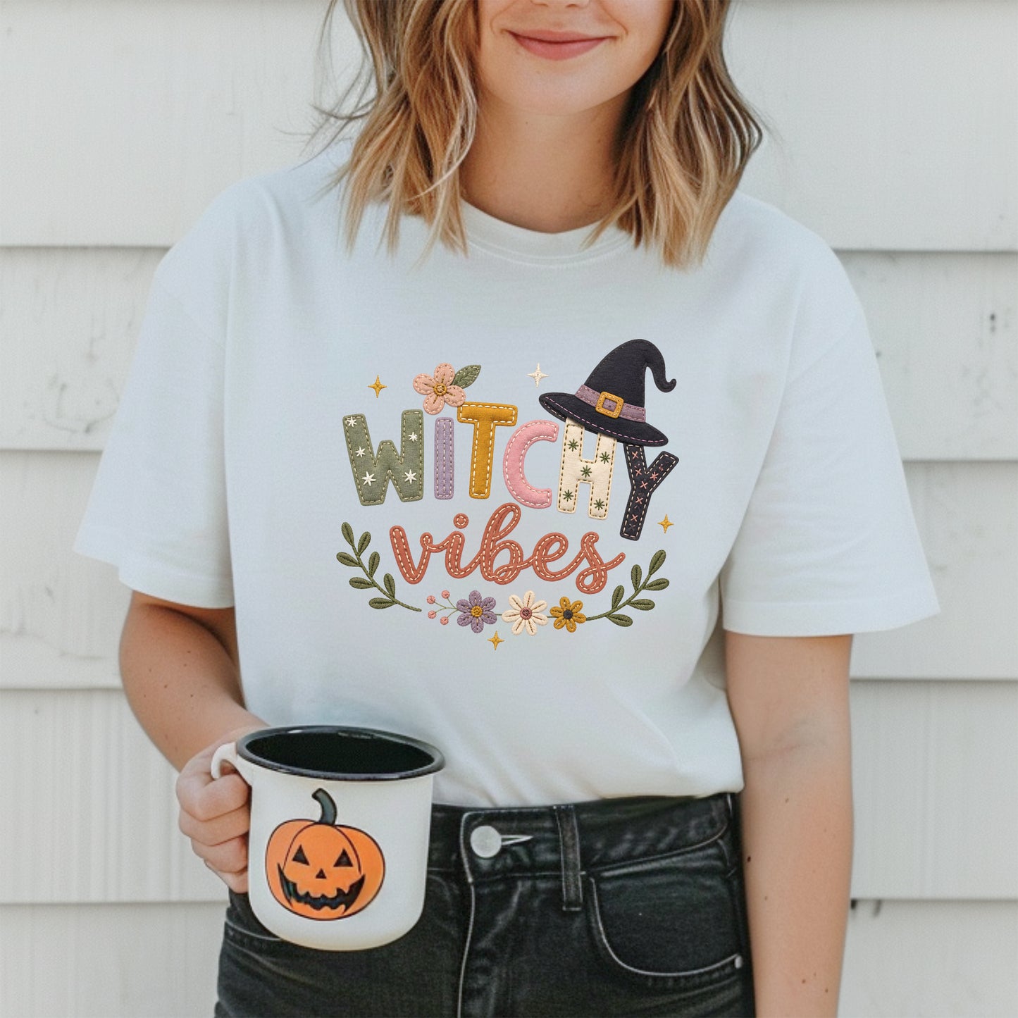 Witchy Vibes Faux Patchwork Embroidery T-shirt