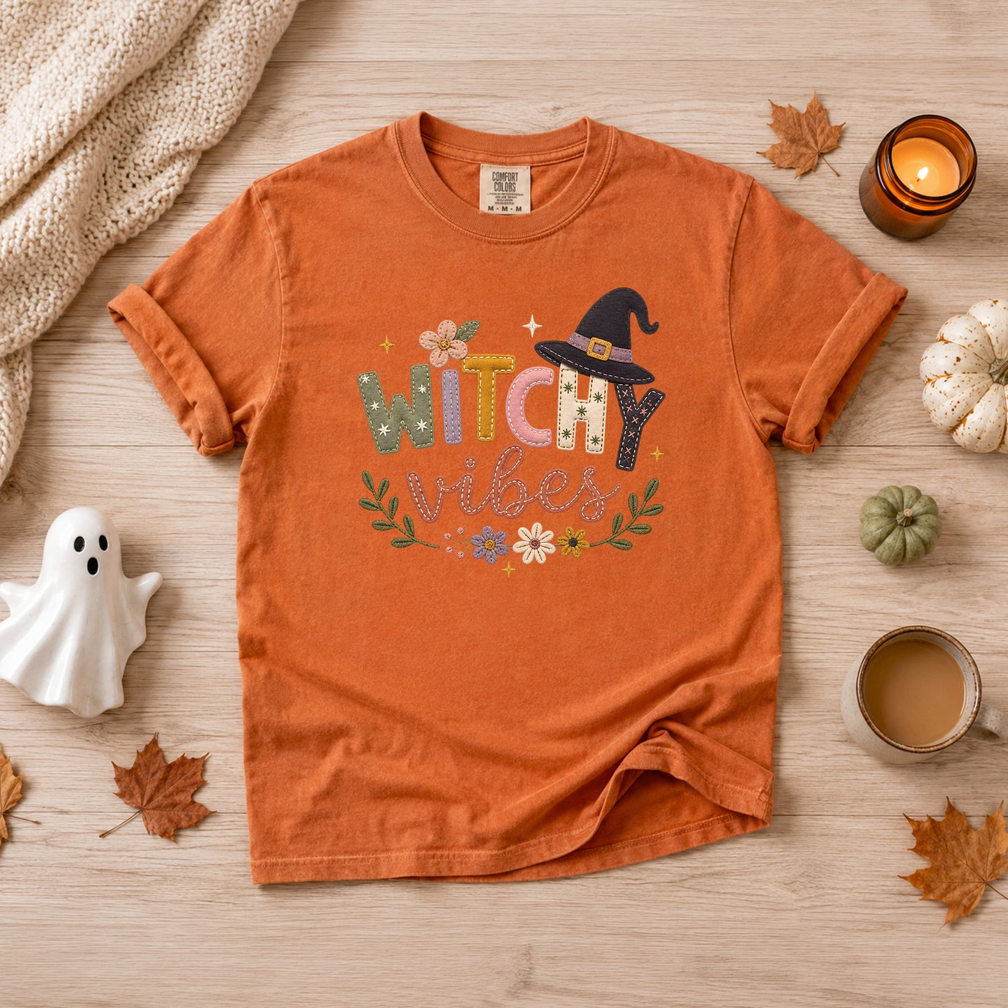 Witchy Vibes Faux Patchwork Embroidery T-shirt