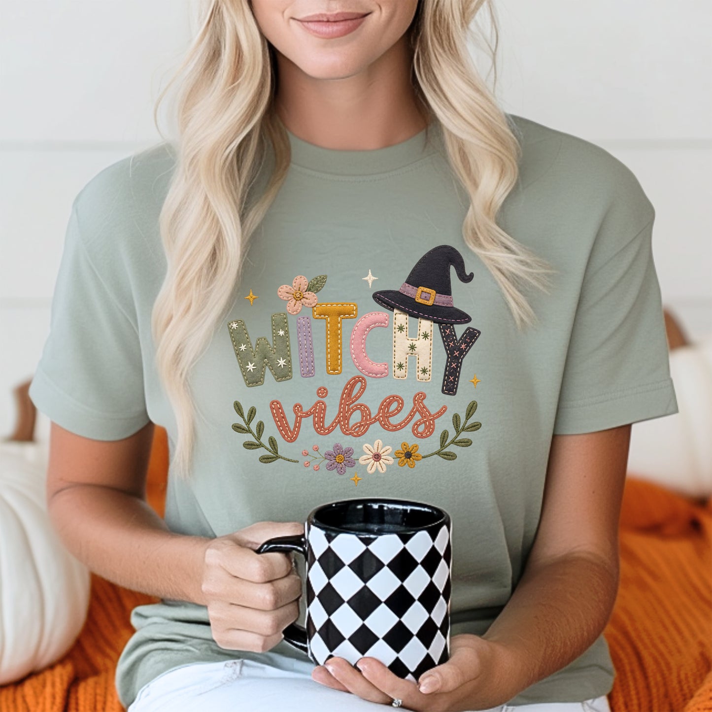 Witchy Vibes Faux Patchwork Embroidery T-shirt