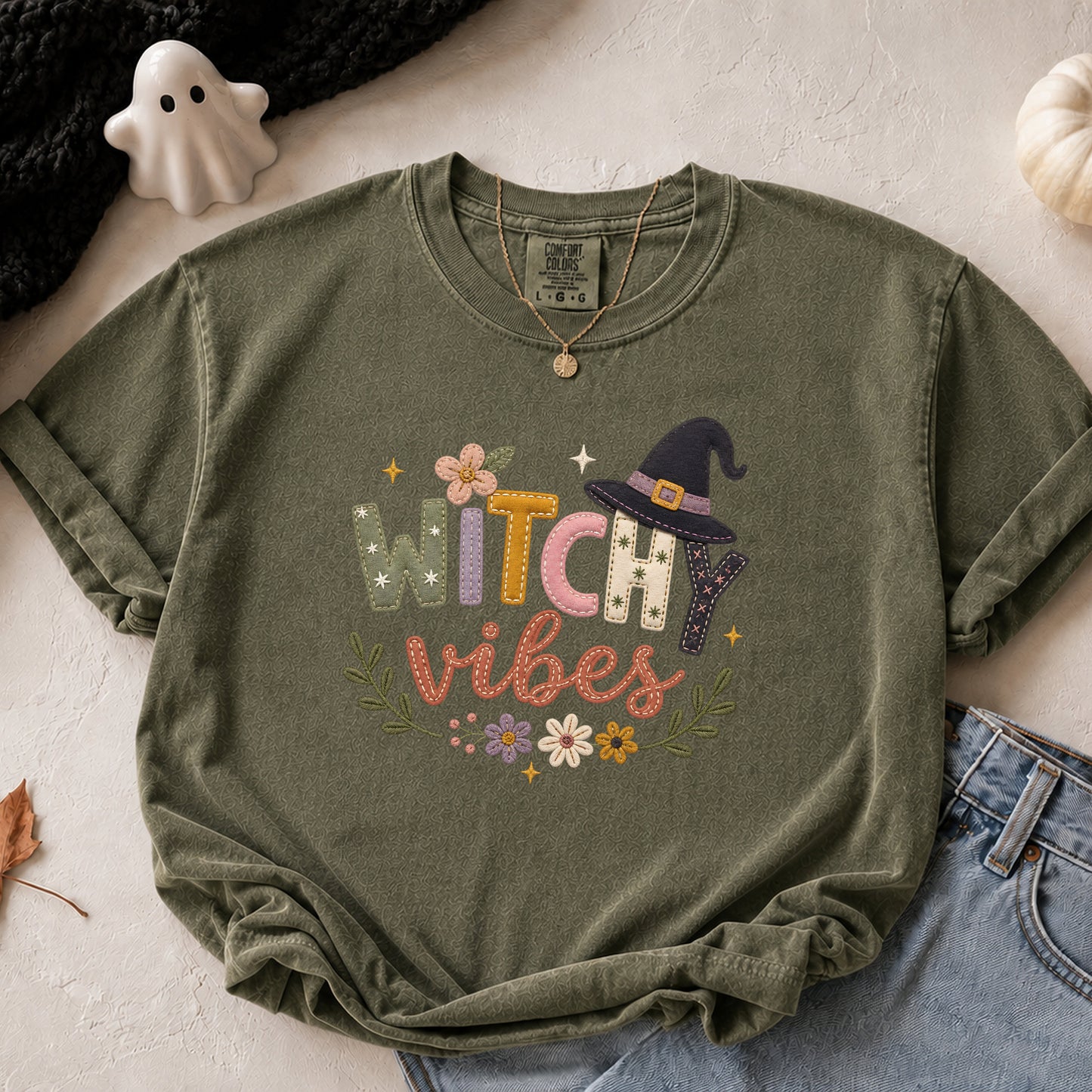 Witchy Vibes Faux Patchwork Embroidery T-shirt
